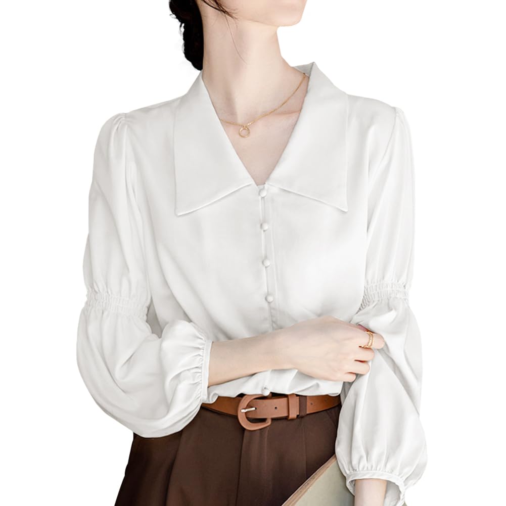[Bidason] シャツ レディース ブラウス 長袖 きれいめ トップス 角襟 パフスリーブ おしゃれ 可愛い ゆる感 着痩せ 体型カバー 知的 エレガント 無地 シンプル ワイシャツ カジュアル 通勤