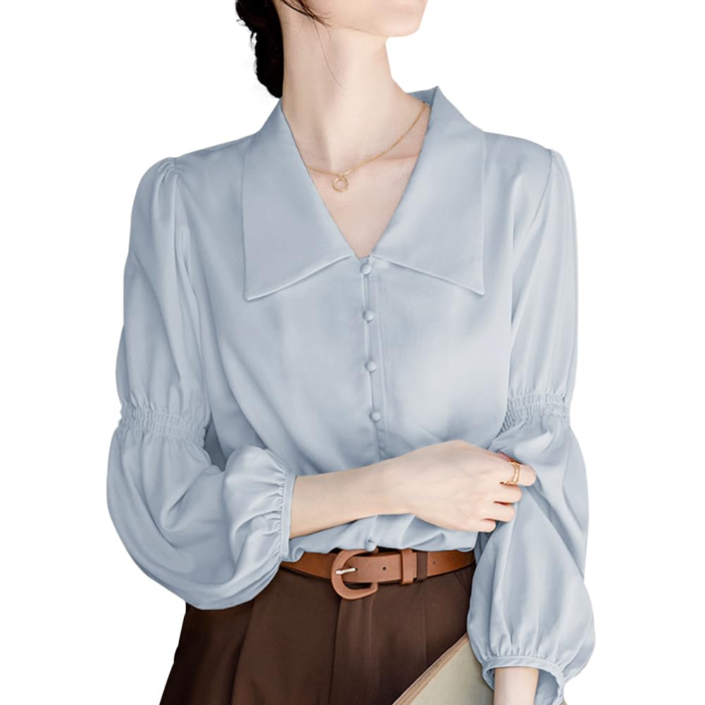 [Bidason] シャツ レディース ブラウス 長袖 きれいめ トップス 角襟 パフスリーブ おしゃれ 可愛い ゆる感 着痩せ 体型カバー 知的 エレガント 無地 シンプル ワイシャツ カジュアル 通勤