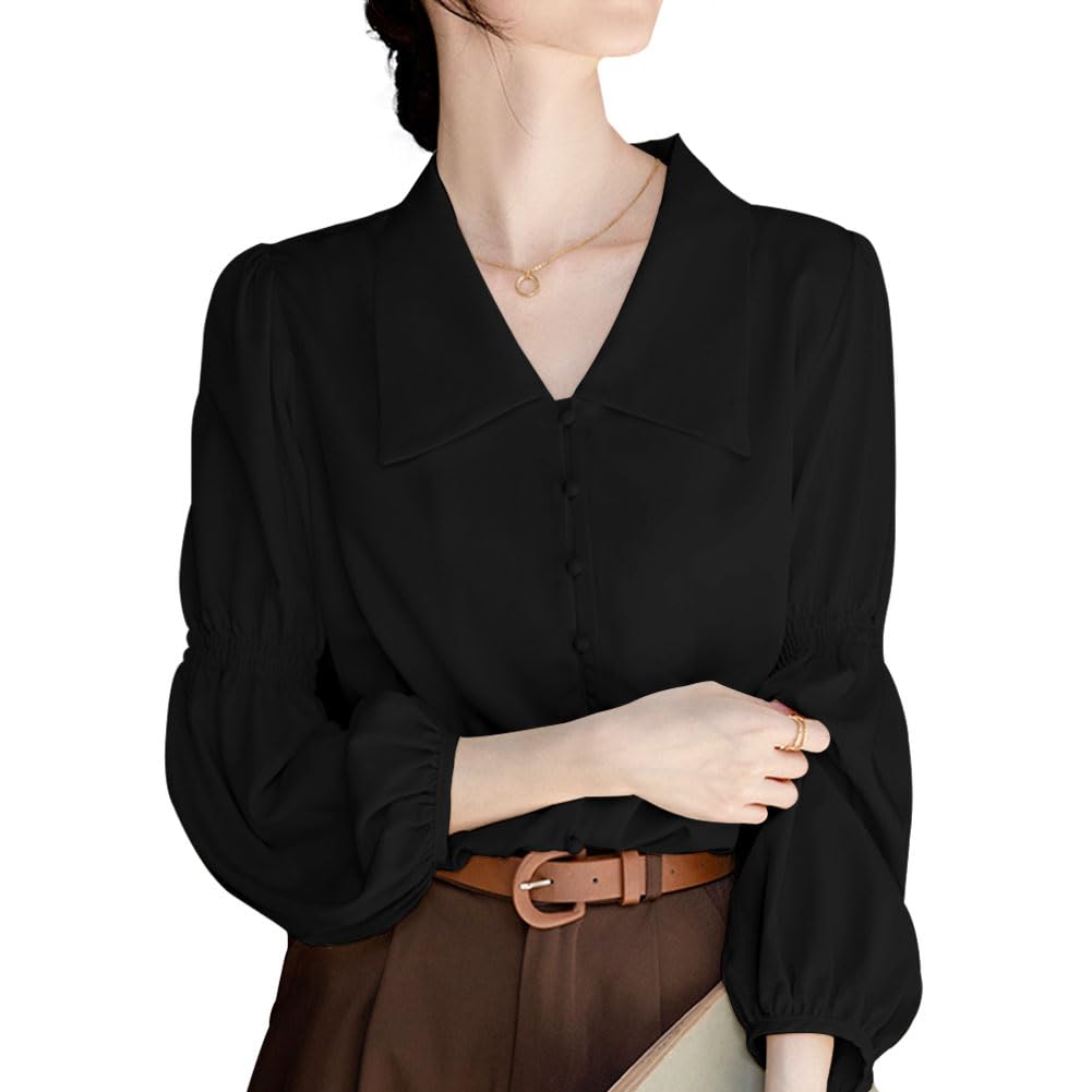 [Bidason] シャツ レディース ブラウス 長袖 きれいめ トップス 角襟 パフスリーブ おしゃれ 可愛い ゆる感 着痩せ 体型カバー 知的 エレガント 無地 シンプル ワイシャツ カジュアル 通勤