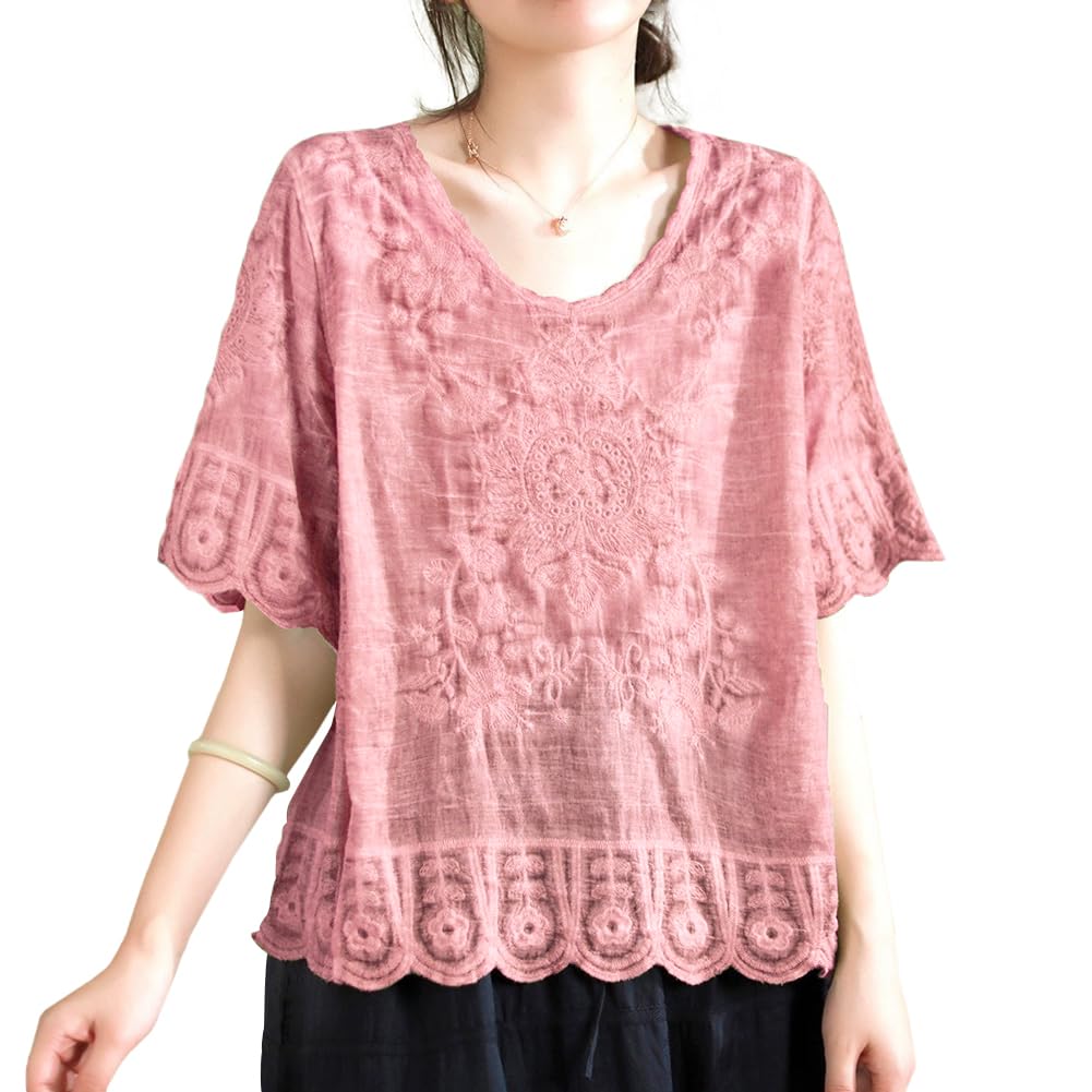 [Bidason] ブラウス 刺繍 レディース シャツ 半袖 コットン 通気性 薄手 冷房対策 UVカット ゆったり 体型カバー 大人 抜け感 可愛い クールネック 知的 トップス カジュアル 普段着 夏