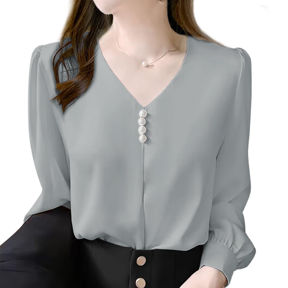 [Bidason] シャツ レディース シフォン ブラウス Vネック スッキリ ギャザー パール飾り おしゃれ 可愛い ゆる感 長袖 エレガント きれいめ カジュアル 通勤 洗える トップス 春 秋