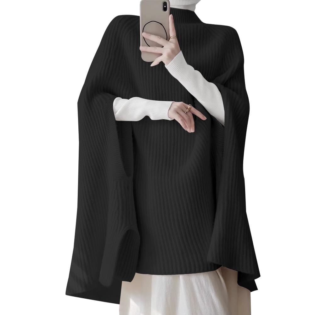 [Bidason] セーター レディース ニット トップス ポンチョ カットソー リブ 抜け感 ゆったり 体型カバー 羽織 立ち襟 ドルマン 柔らか 暖かい 重ね着 おしゃれ ケープ カジュアル 秋 冬