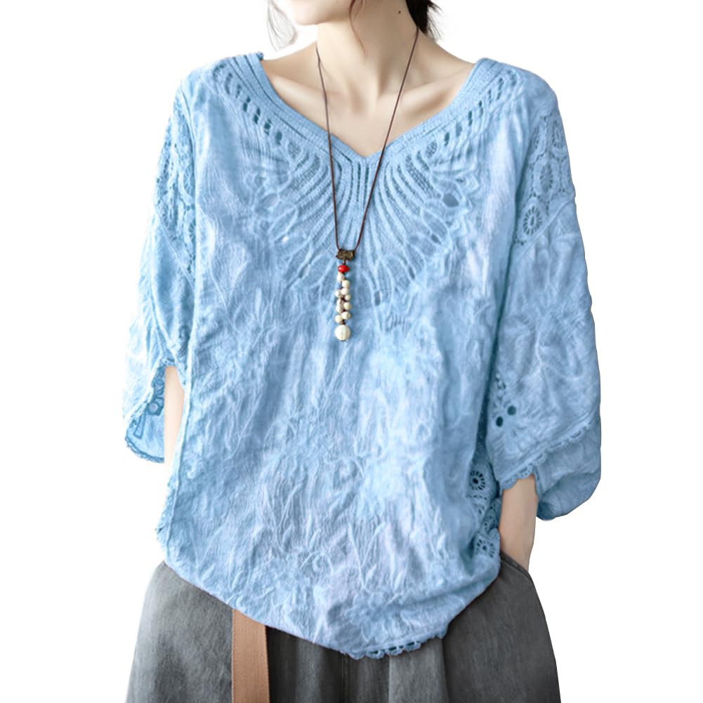 [Bidason] ブラウス レディース レース シャツ ドルマンスリーブ Vネック 半袖 コットン UVカット 冷房対策 ゆったり 体型カバー 大人抜け感 可愛い おしゃれ 知的 カジュアル 普段着 夏