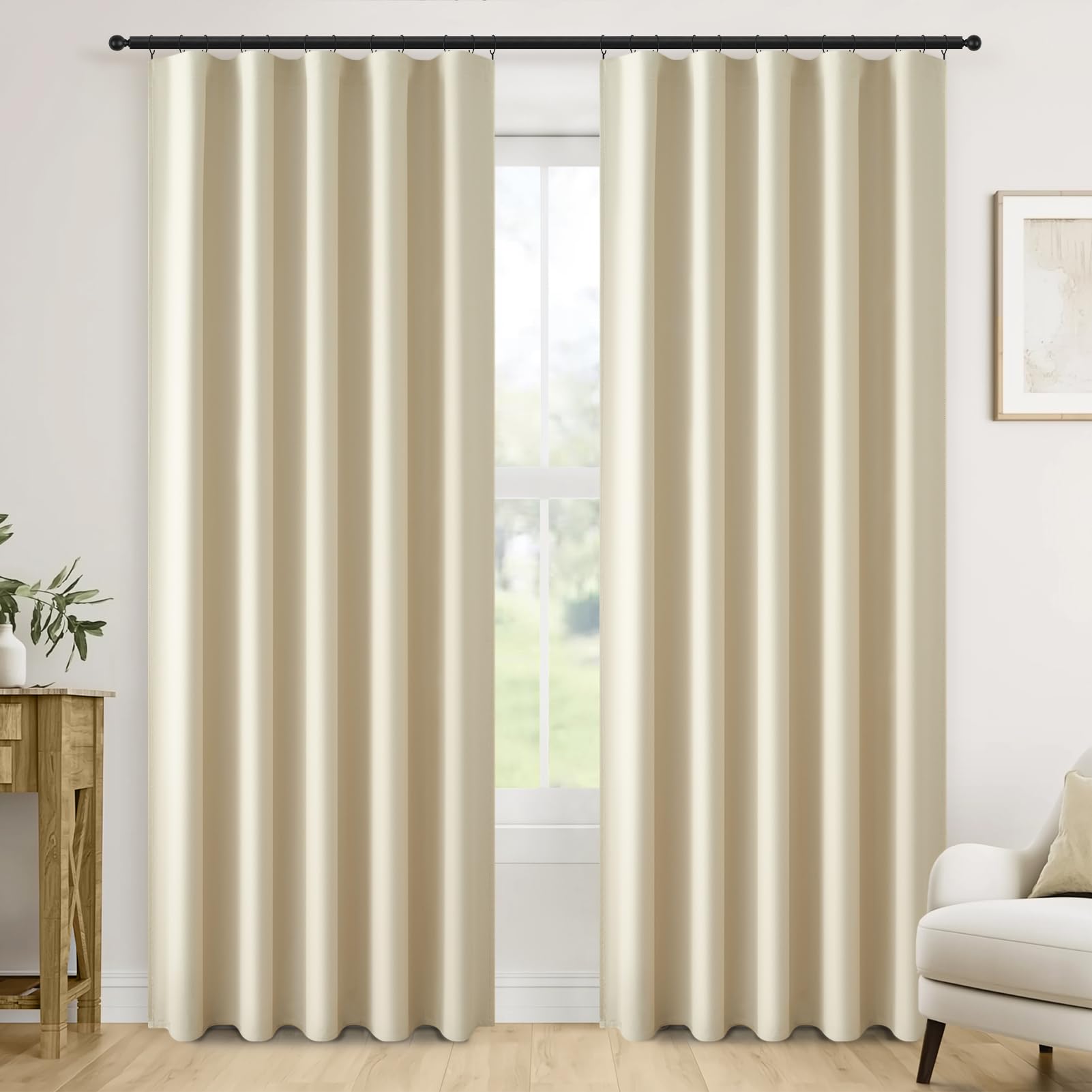 Topfinel カーテン 遮光 断熱 178cm丈 2枚組 ベージュ フィンランドスタイル フック付き 寝室用 リビング 間仕切り 目隠しカーテン 防音