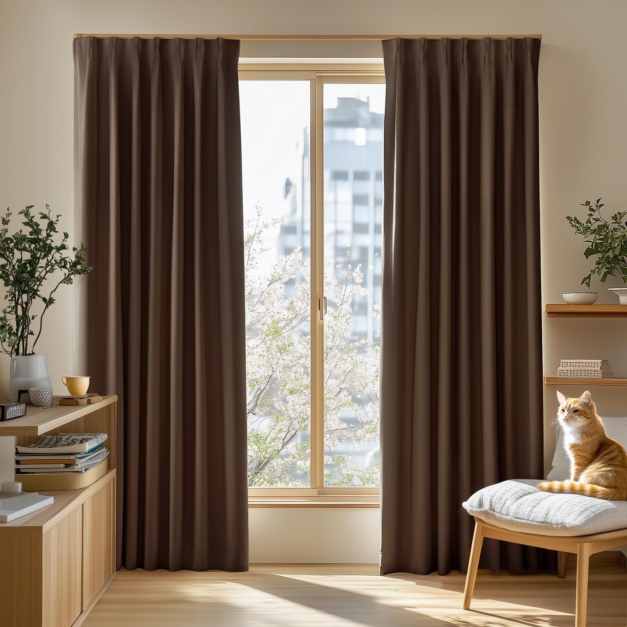 Rakuten - Deconovo カーテン 1級遮光 2枚組 幅100×丈150cm 厚手 ドレープ 形態記憶 洗濯OK UVカット 日本JSL認証 遮光率99.99% 昼夜の視線対策 省エネ 寝室 リビング用 アジャスターフック対応 ブラウン