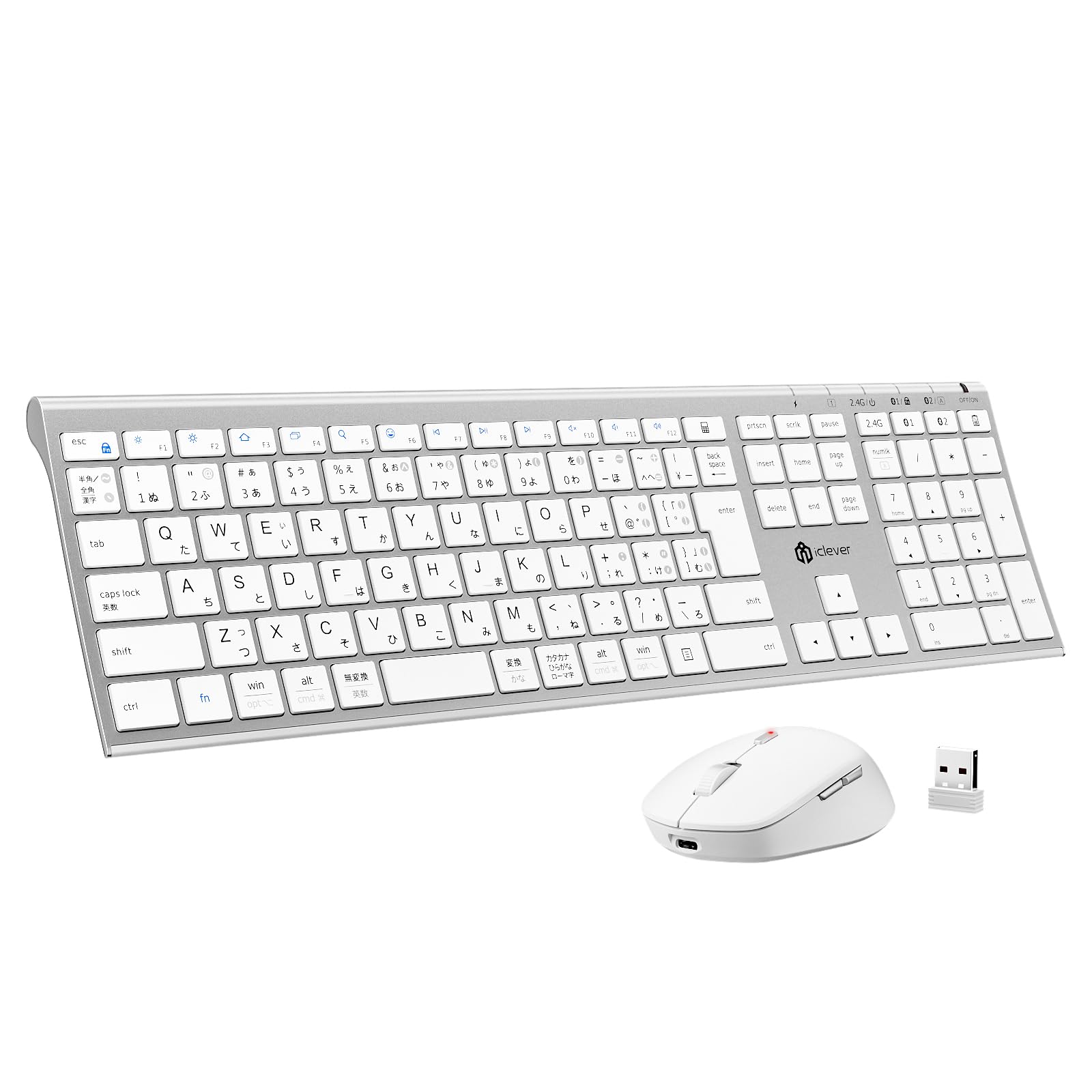 iClever キーボード マウスセット ワイヤレス Bluetooth＆2.4G JIS日本語配列 フルサイズ テンキー付き マウス4段調節可能DPI 静音 薄型 軽量 無線 Type-C充電式 パンタグラフ式 デュアルモード パソコンPC Window