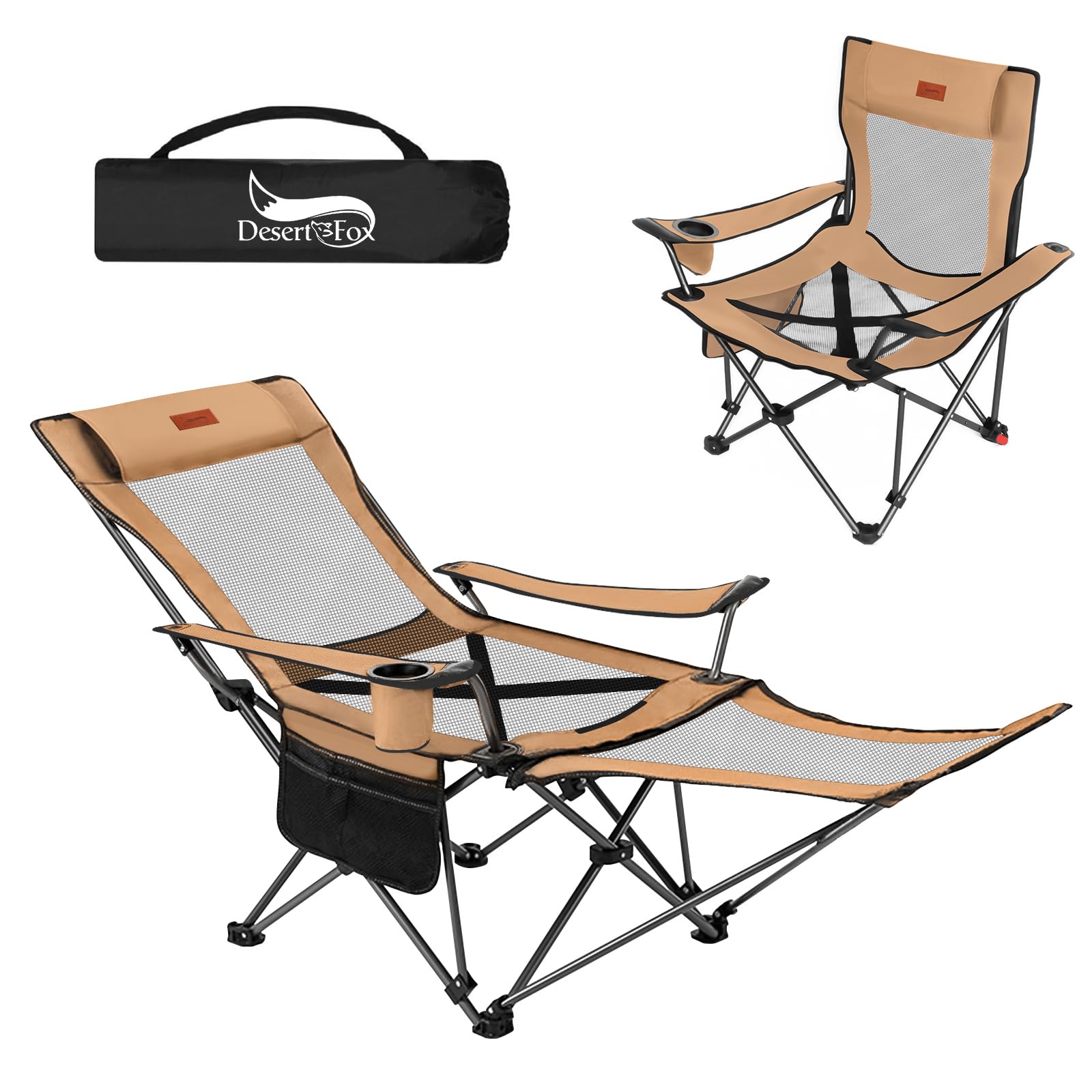 DesertFox リクライニングチェア キャンプ椅子 単品/セット 4way 仮眠 昼寝 4段階調整 四季適用 【メッシュと薄手コットを自由に切り替える】【耐荷重150kg】アウトドアチェア コンパクト 折りたたみチェア 軽量 イス 【 独自開発のカップ