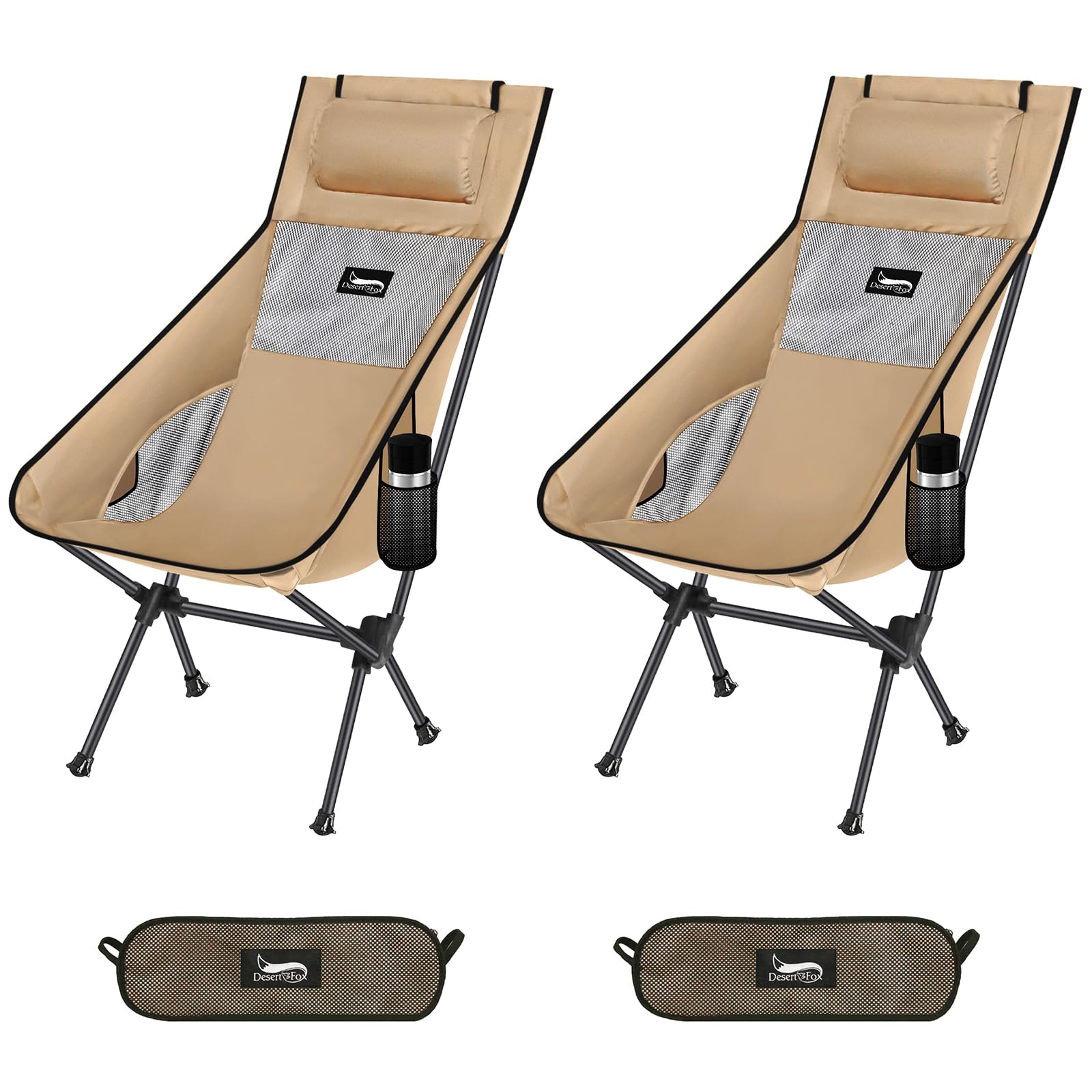 楽天Mr HedgeHogDesertFox アウトドアチェア 折りたたみ 枕付き 超軽量 【2個セット】【独自開発のカップホルダー】 耐荷重150kg キャンプ椅子 コンパクト イス ハイバック 椅子 収納袋付属 携帯便利 お釣り 登山 2066 （カーキ）