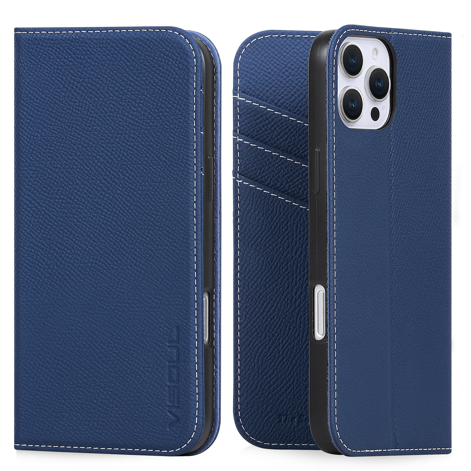 VISOUL iPhone16 Pro 対応ケース 手帳型 本革 スマホケース レザーケース 手帳型ケース アイフォン16 ケース カード収納 携帯ケース 全面保護 マグネット 柔軟なTPU素材 アイホン16 Pro ネイビー