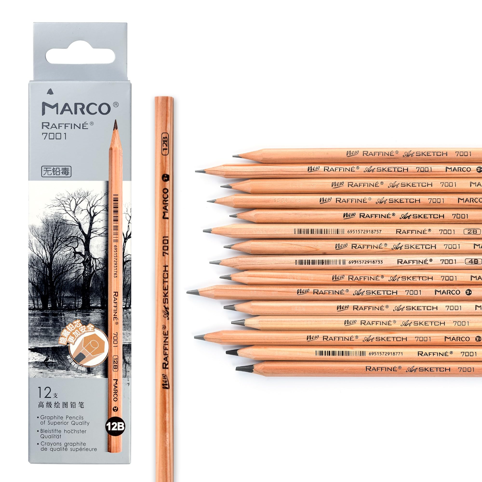 Marco 7001 木製鉛筆 デッサン用エンピツ プロフェッショナル スケッチ用木製鉛筆 六角軸 (7001-12B, 12)