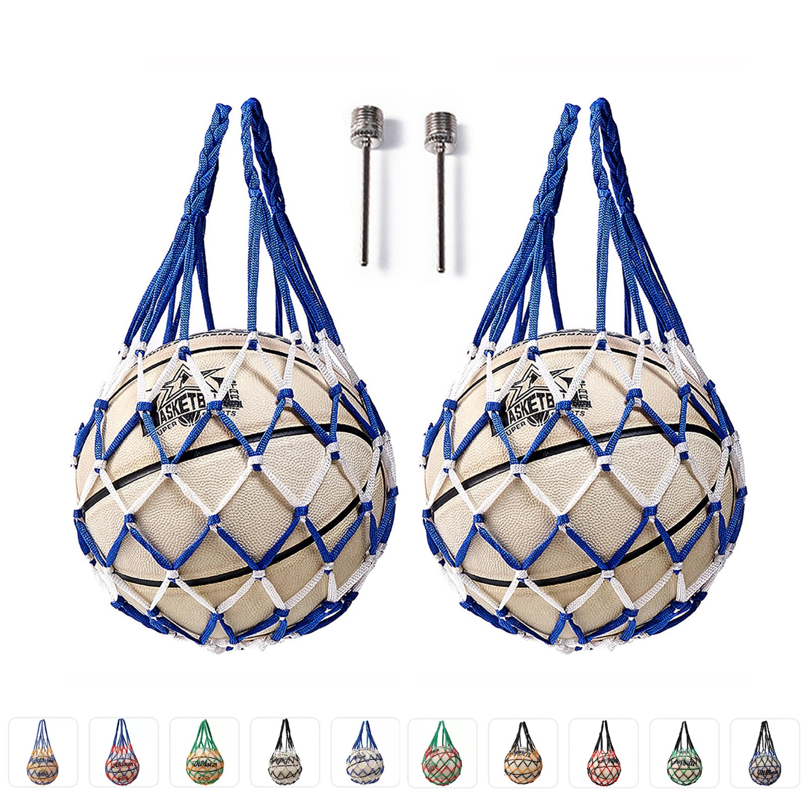 2個入り ボールネット サッカー バスケットボール バレーボール ボールバッグ ボール収納 手編み 網袋 持ち運び ボールバッグ 簡易ボールバッグ (青白)
