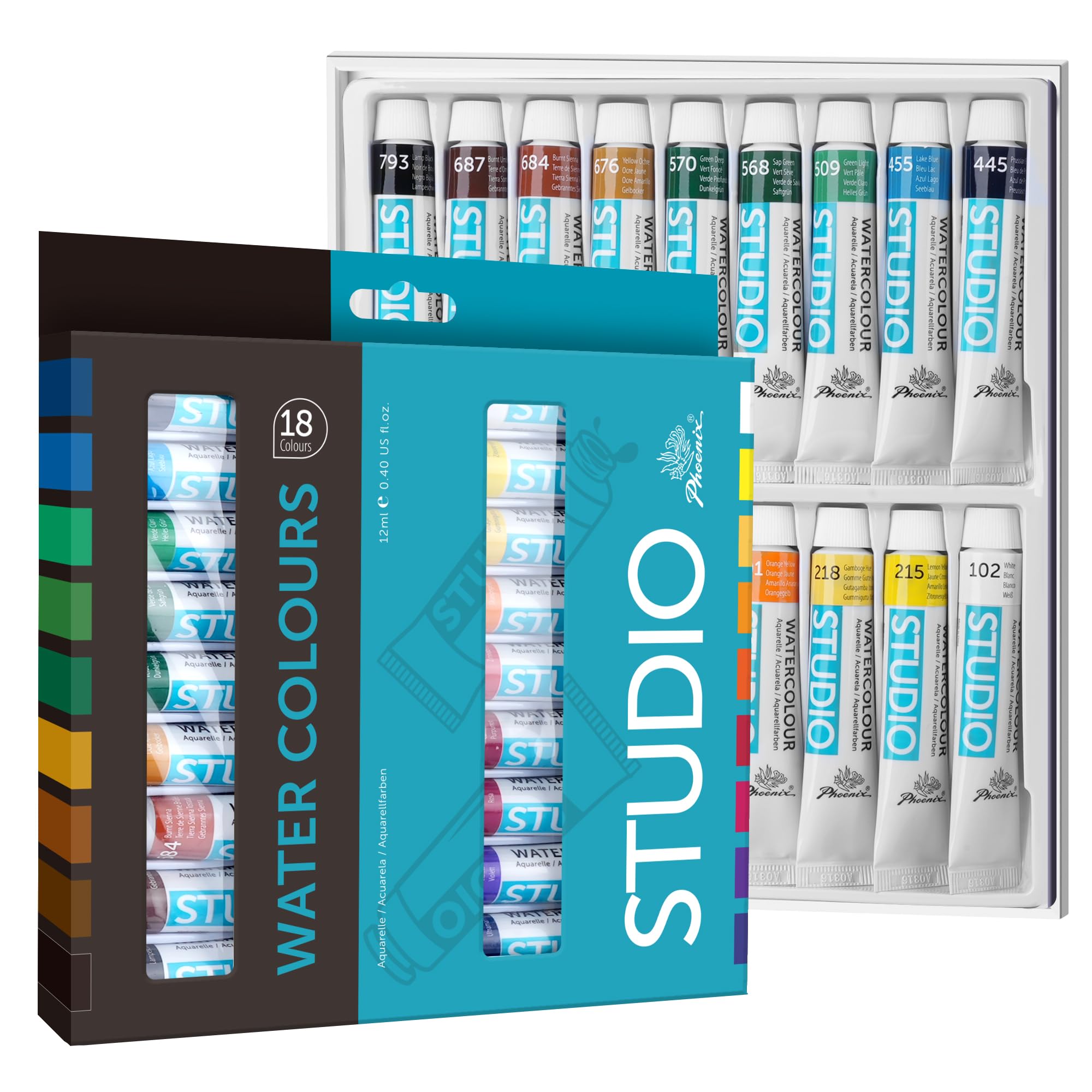 PHOENIX 水彩絵具セット - 18色×12mlチューブ 無毒顔料 透明質感ピグメント水彩 - アーティスト・学生・初心者向け