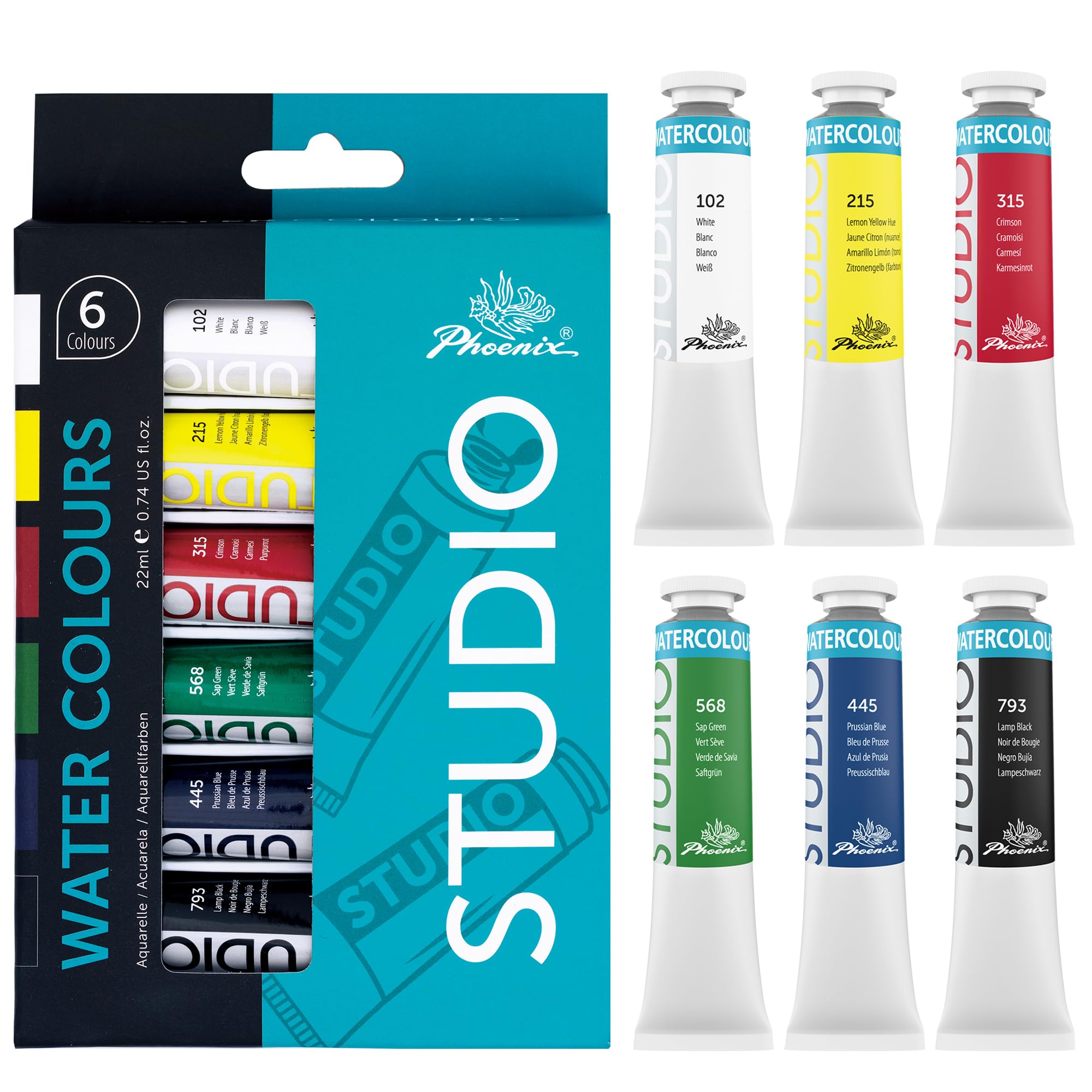 PHOENIX 水彩絵具セット - 6色×22mlチューブ 無毒顔料 透明質感ピグメント水彩 - アーティスト・学生・初心者向け