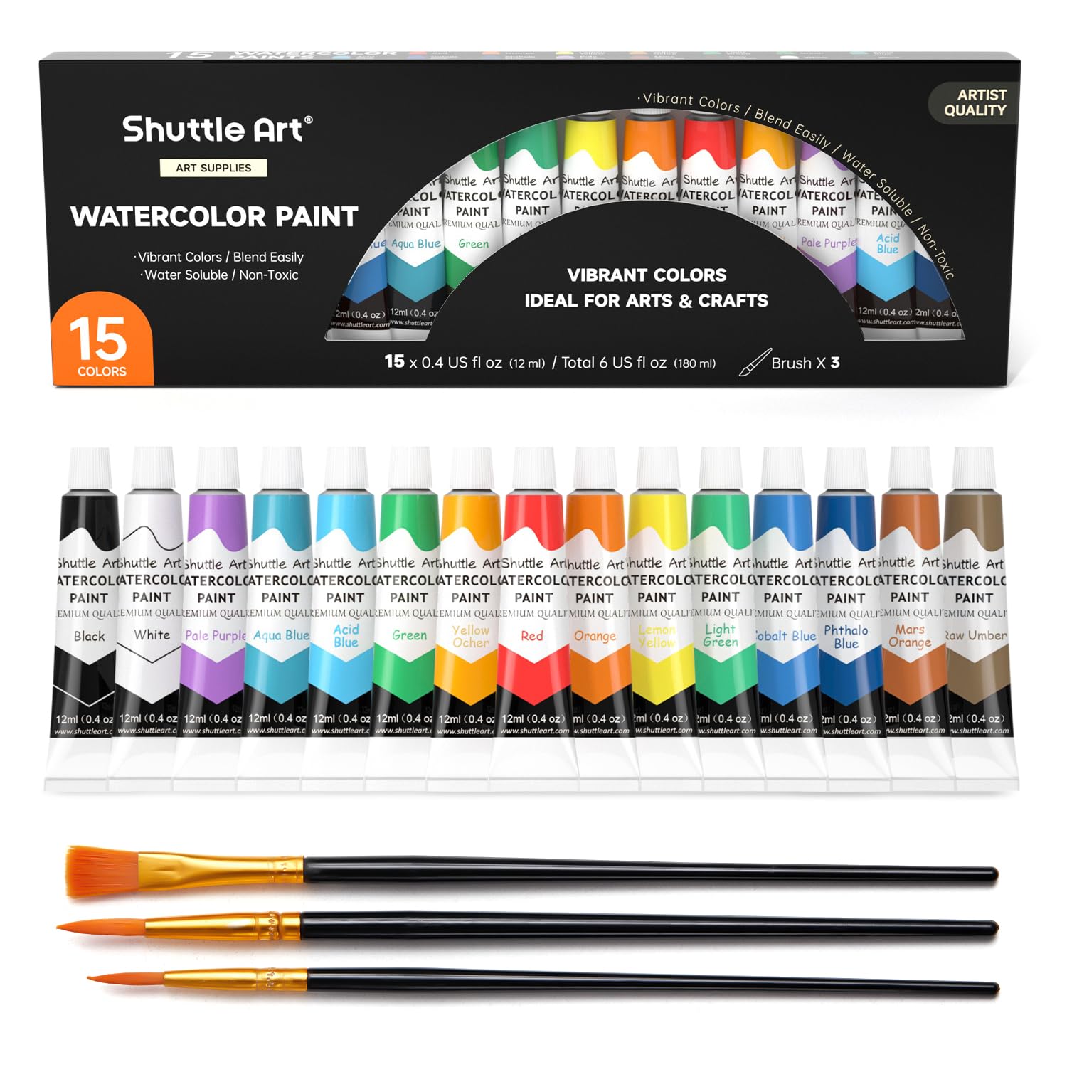 Shuttle Art 水彩絵の具 15色セット ブラシ3本付き 透明水彩 12ml チューブ 溶けやすい 速乾 ウォーターカラー 水彩画 塗り絵 イラスト 美...