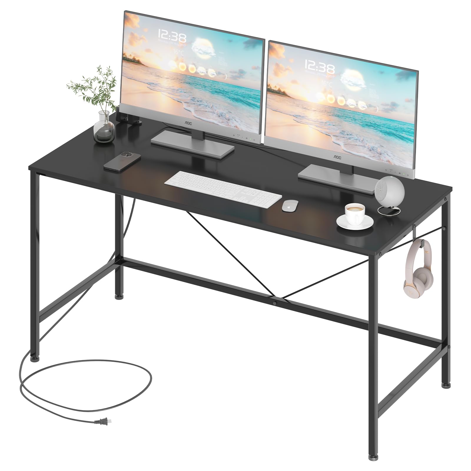 LunarLight ワークデスク 机 幅140奥行60高さ70cm テレワーク PCパソコンデスク シングルデスク 勉強机 コンセント付き オフィス 在宅ワーク ゲーミングデスク フック付き ノートパソコン用 在宅勤務 おしゃれ 組立簡単 工具不要 耐震