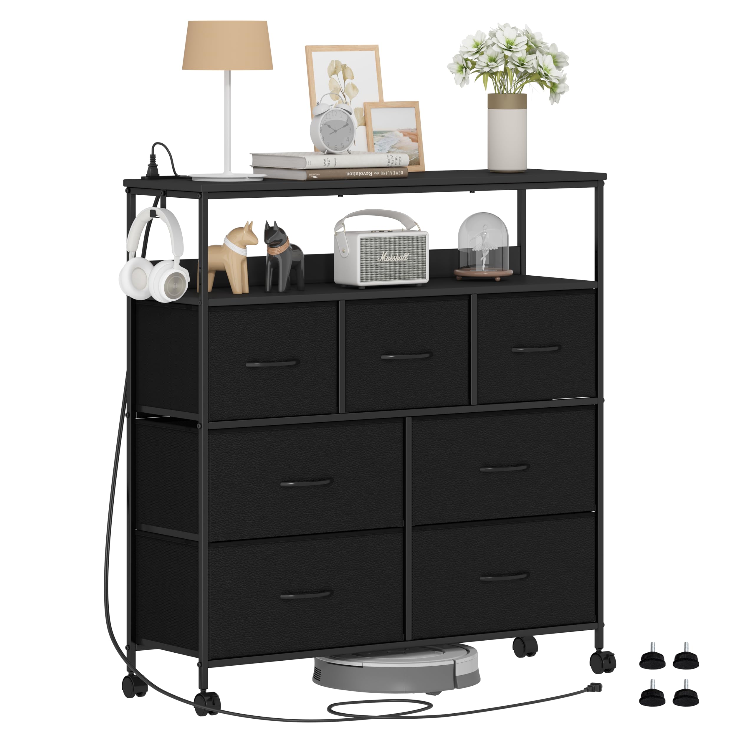 楽天Mr HedgeHogLunarLight チェスト タンス 幅100奥行30高さ104.2cm 収納チェスト 収納ケース コンセント2口付き ストッパーキャスター付き 移動式と 固定式2機能 テレビ台としても使える 頑丈 組立簡単 耐震転倒防止 大容量収納3段7杯 引き出し付