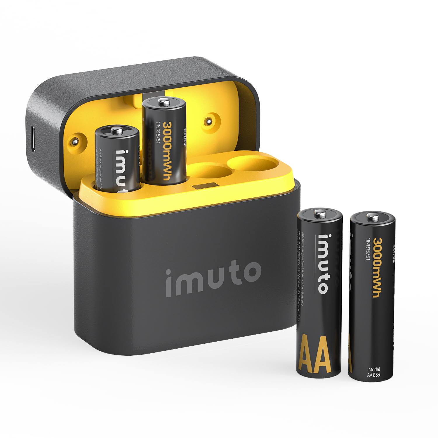imuto 充電電池 単三 1.5V 充電式単三リチウム電池 4本入りセット 3000mWh 4大容量充電池 単3形 自己放電抑制 1600回循環使用可能 超長持続時間 急速充電器組み合わせ 収納バッグ 1~4本同時充電可能 2.5h急速充電 充電ケーブル