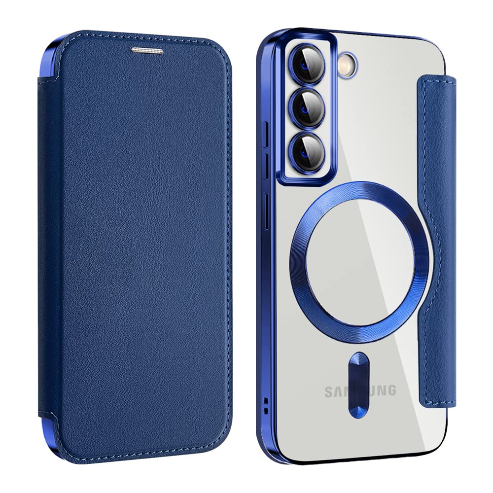Rakuten - MuZiF Samsung Galaxy S22 用 ケース 手帳型 Magsafe対応 クリア 背面 透明 高級なPUレザー 永久磁石 マグネット スマホケース カード収納、人気財布型 カバー 軽量 S22 用 手帳カバー (ダークブルー)