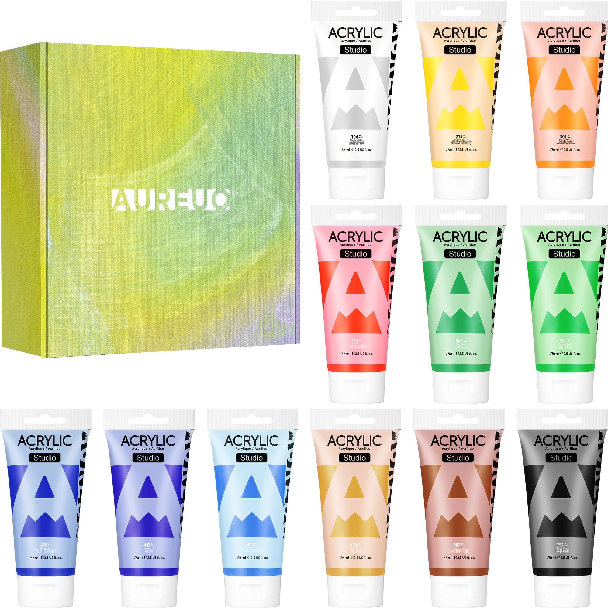 AUREUO アクリル絵の具 ギフトセット 75mlチューブ x 12パック - キャンバス、岩、木材、セラミック、..