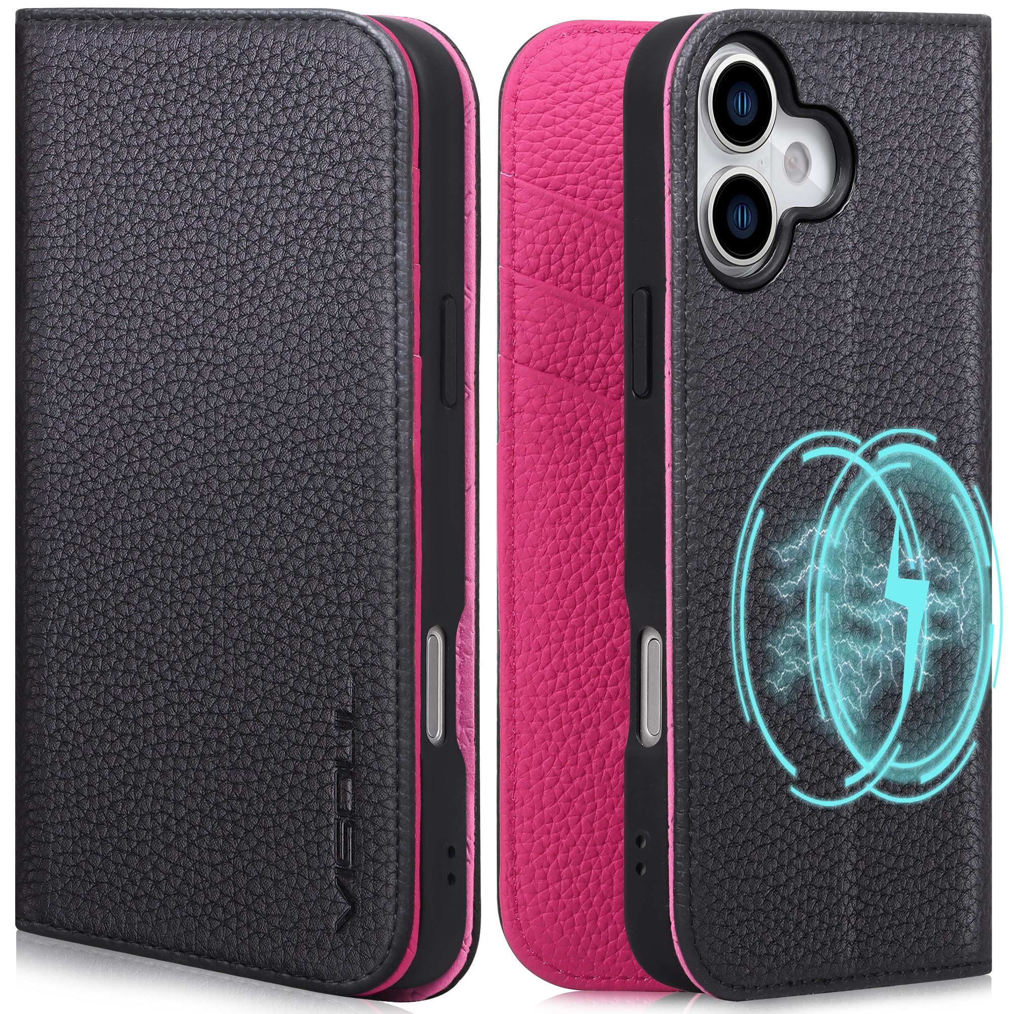 VISOUL iPhone 17 対応 ケース 手帳型 本革 アイフォン17 手帳型ケース MagSafe対応 スマホケース レザー カード収納 携帯カバー 横置きスタンド機能付き マグネット式 全面保護 柔軟なTPU素材 アイホン17 ブラック・マゼンタ