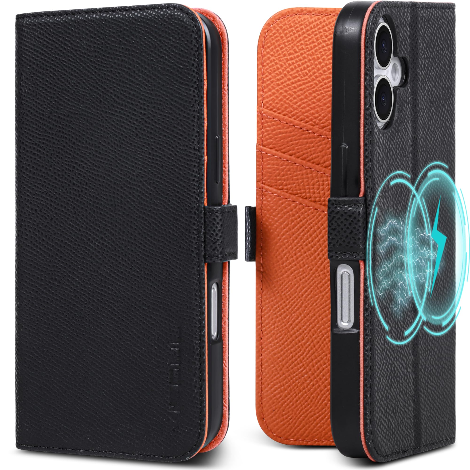 VISOUL iPhone16 対応ケース 手帳型 本革 アイフォン16 レザーケース MagSafe対応 スマホケース サイドマグネット型 横置きスタンド機能付き手帳型ケース 携帯ケース カード収納 全面保護 アイホン16 オレンジ