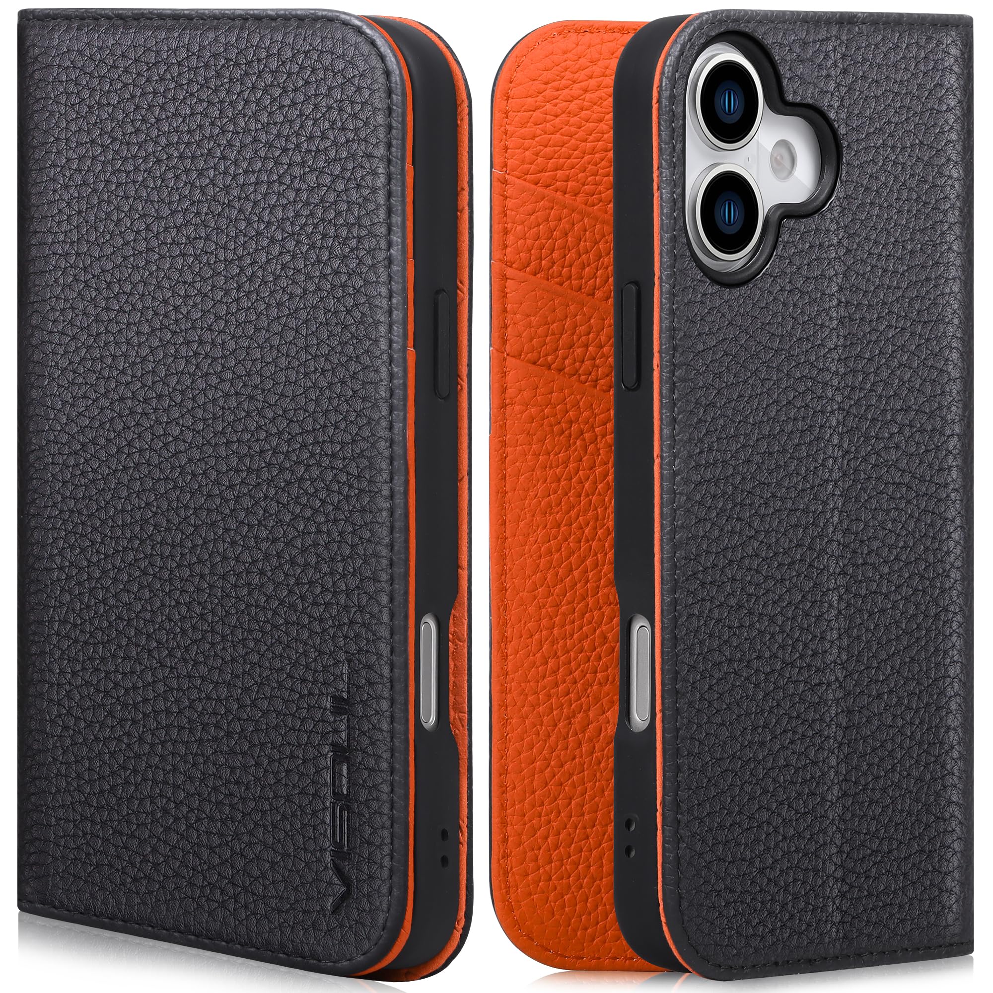 VISOUL iPhone 17 対応 ケース 手帳型 本革 アイフォン17 手帳型ケース MagSafe対応 スマホケース レザー カード収納 携帯カバー 横置きスタンド機能付き マグネット式 全面保護 柔軟なTPU素材 アイホン17 ブラック・オレンジ