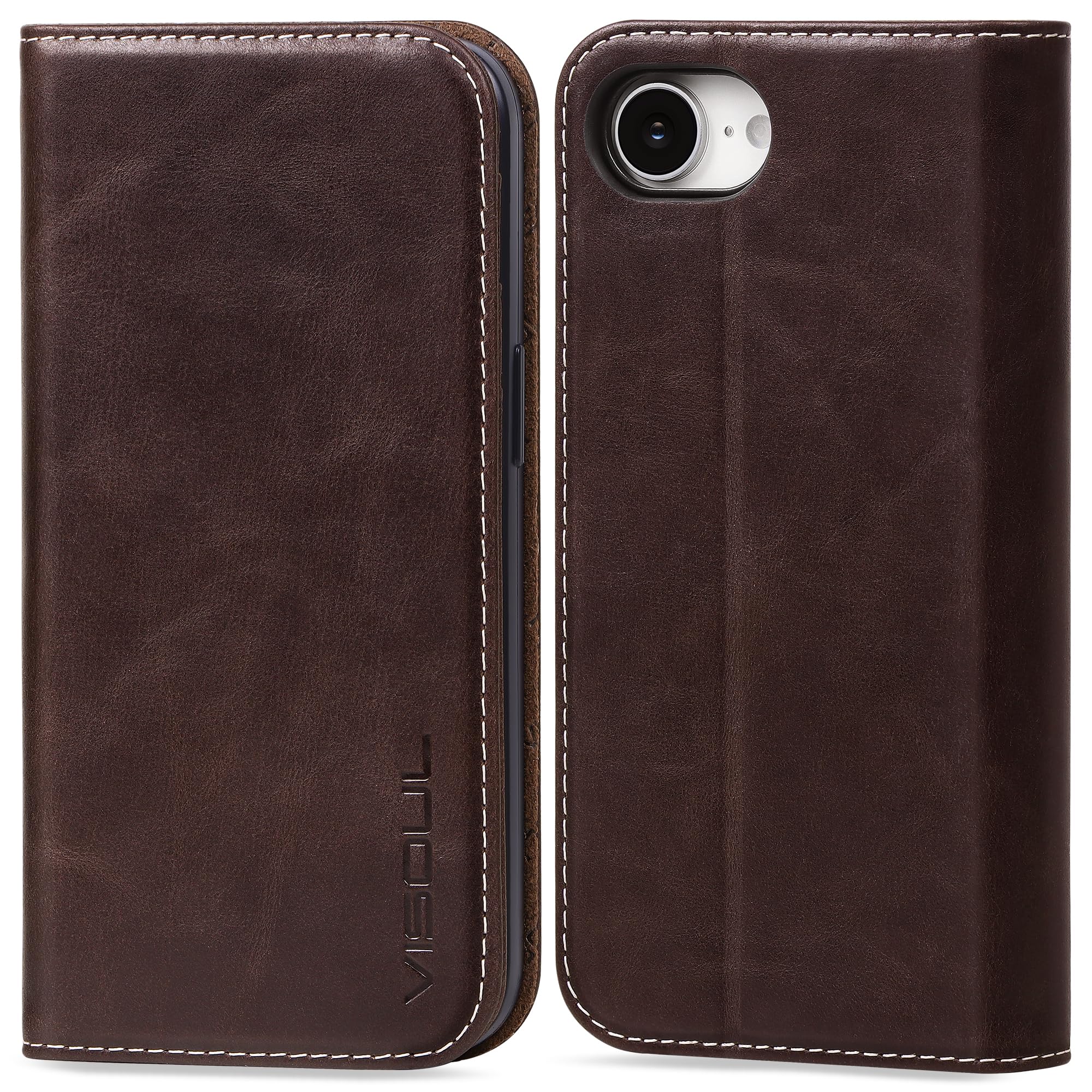 VISOUL iPhone16e 対応ケース 手帳型 本革 アイフォン16e 手帳型ケース レザー カード収納 携帯ケース 全面保護 マグネット 横置きスタンド機能付き手帳型ケース 柔軟なTPU素材 アイホン16e (チョコレート)