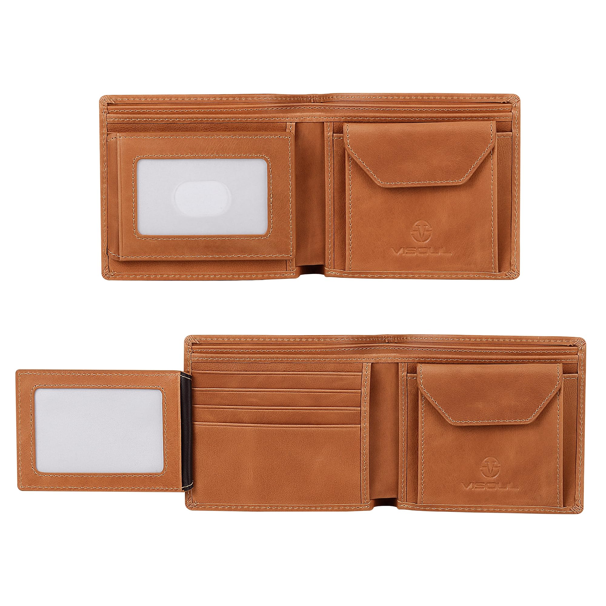 [VISOUL] 二つ折り 財布メンズ 本革 札入れ カード8枚収納 小銭入れ 写真入れポケット 免許証入れ 牛革 縦型コインポケット RFID スキミング防止 コインケース キャメル