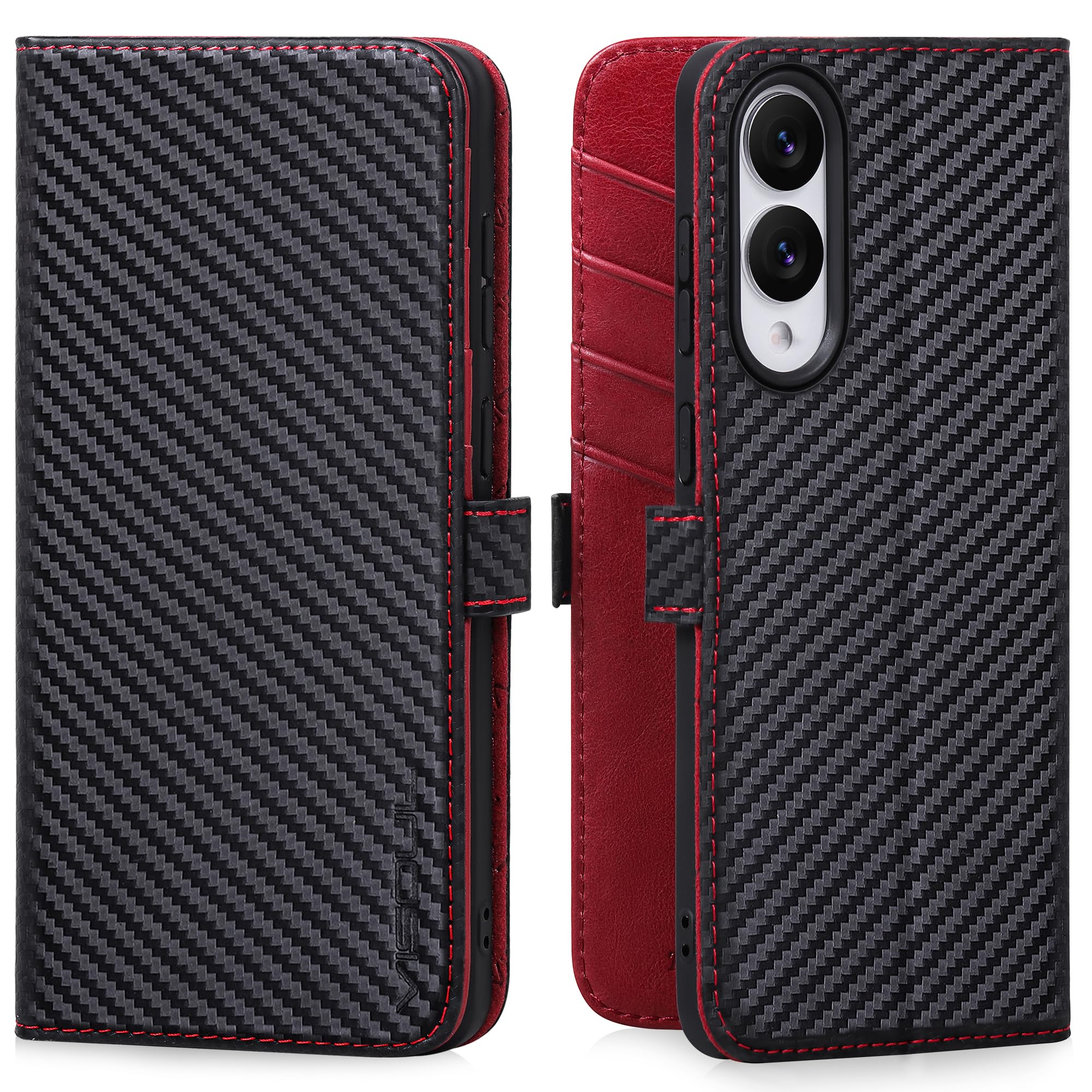 VISOUL Galaxy S25 Edge 対応 ケース 手帳型 本革 サイドグネット式 ギャラクシー S25 Edge スマホケース Samsung レザーケース 折りたたみ カード収納 耐衝撃 スタンド付き カーボンレザー ブラック レッド