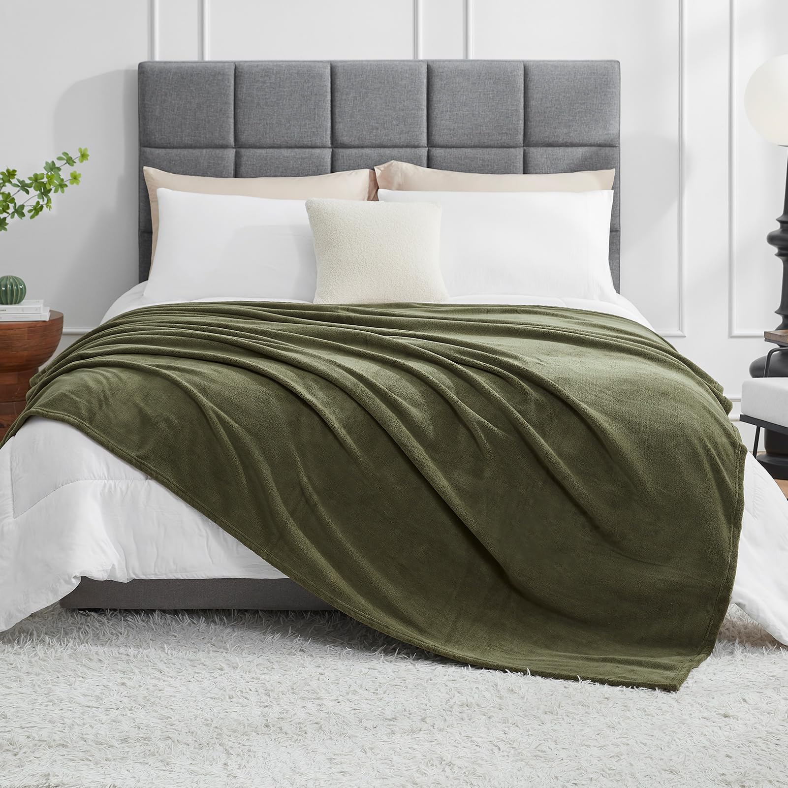 Hansleep 毛布 もうふ 夏用 ダブル ブランケット 大きめ 200x220cm 大判 モスグリーン マイクロファイバー 柔らかく 肌触り フランネル 洗える 軽量 静電防止 四季適用 (200x220,モスグリーン)