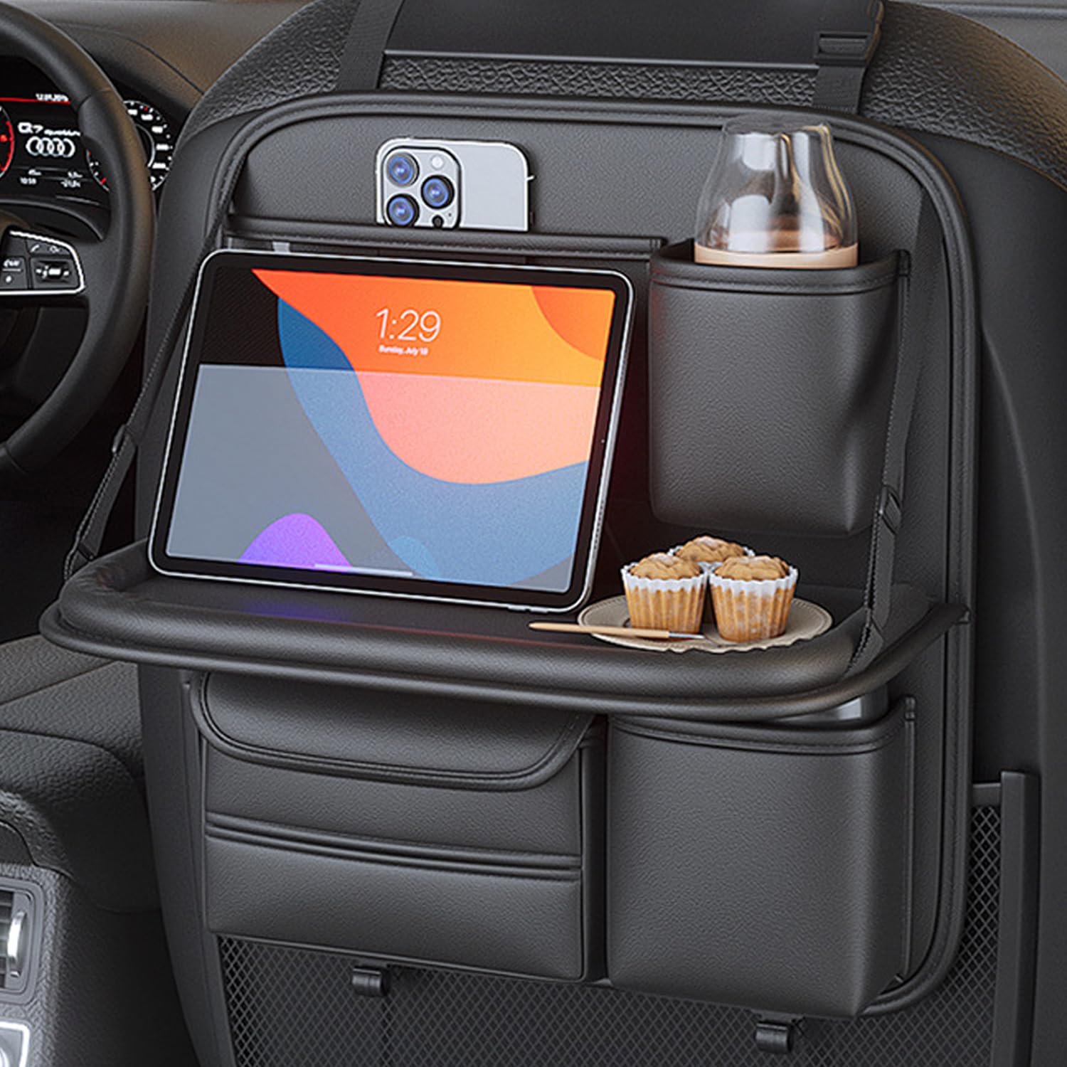 Hopeholic 車用シートバックポケット 後部座席収納 テーブル機能付き 折りたたみ 汚れ防止 多機能 車用収納ポケット iPad収納ポケット ディッシュケース付き ドリンクホルダー 車内 便利グッズ シートポケット カー用品 大容量 レザー素材 ショ(3)