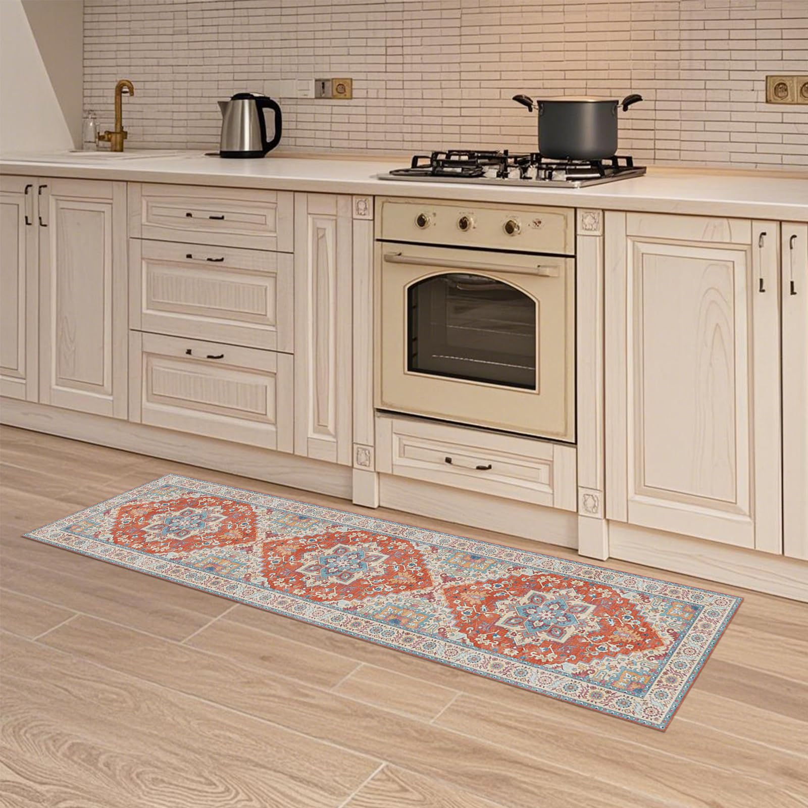 楽天Mr HedgeHogHiChiclife マット 玄関マット 廊下 キッチンマット 室内 滑り止め ホットカーペット対応 耐磨耗性 絨毯 洗える ラグマット 台所 軽量 花柄 ペルシャ風 ラグ カーペット 北欧 45x180cm レッド