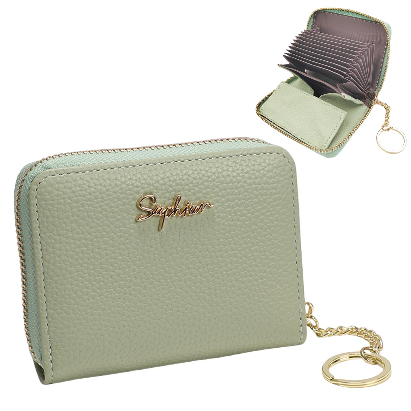 [Cosylive] 二つ折り財布 お札が折れない レディース ミニ財布 大容量 ス型 小銭入れ RFID保護 キーチェーン (グリーン1-財布)