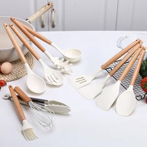 hiino kano キッチンツール セット 調理器具 製菓器具 台所用品 耐熱シリコン 木製ハンドル 食洗機対応 和洋中料理に適用 抗菌 傷つかない フライ返し おたま 泡立て器 スプーンなど13点/14点セット 収納しやすいもの付き 北ヨーロッパ風 オ