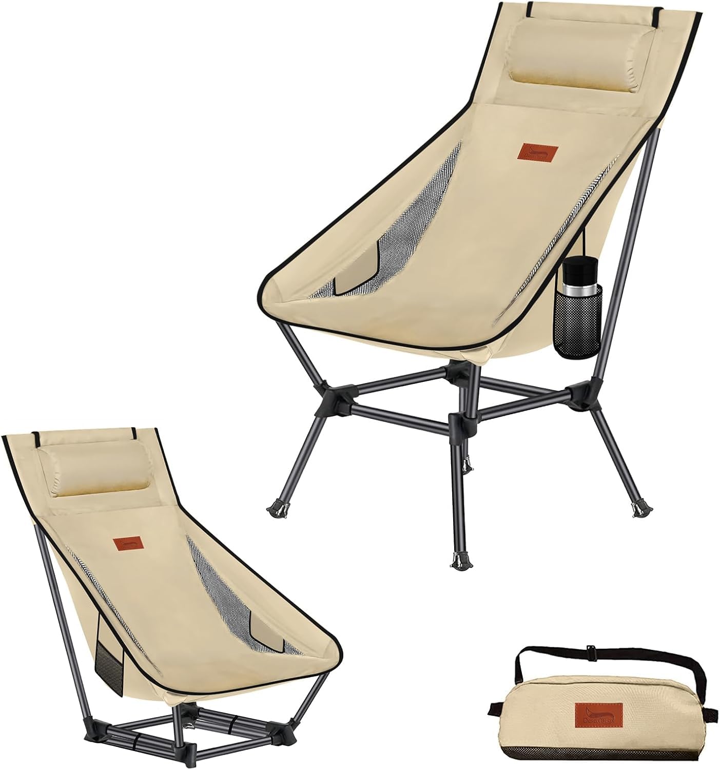 Rakuten - DesertFox アウトドアチェア 2WAY キャンプ椅子 ローチェア 枕付き 軽量 ハイバック 単品/セット【独自開発のカップホルダー】 耐荷重150kg コンパクト イス ロータイプ 収納袋付属 携帯便利 STG0098XB (1, ベージュ)