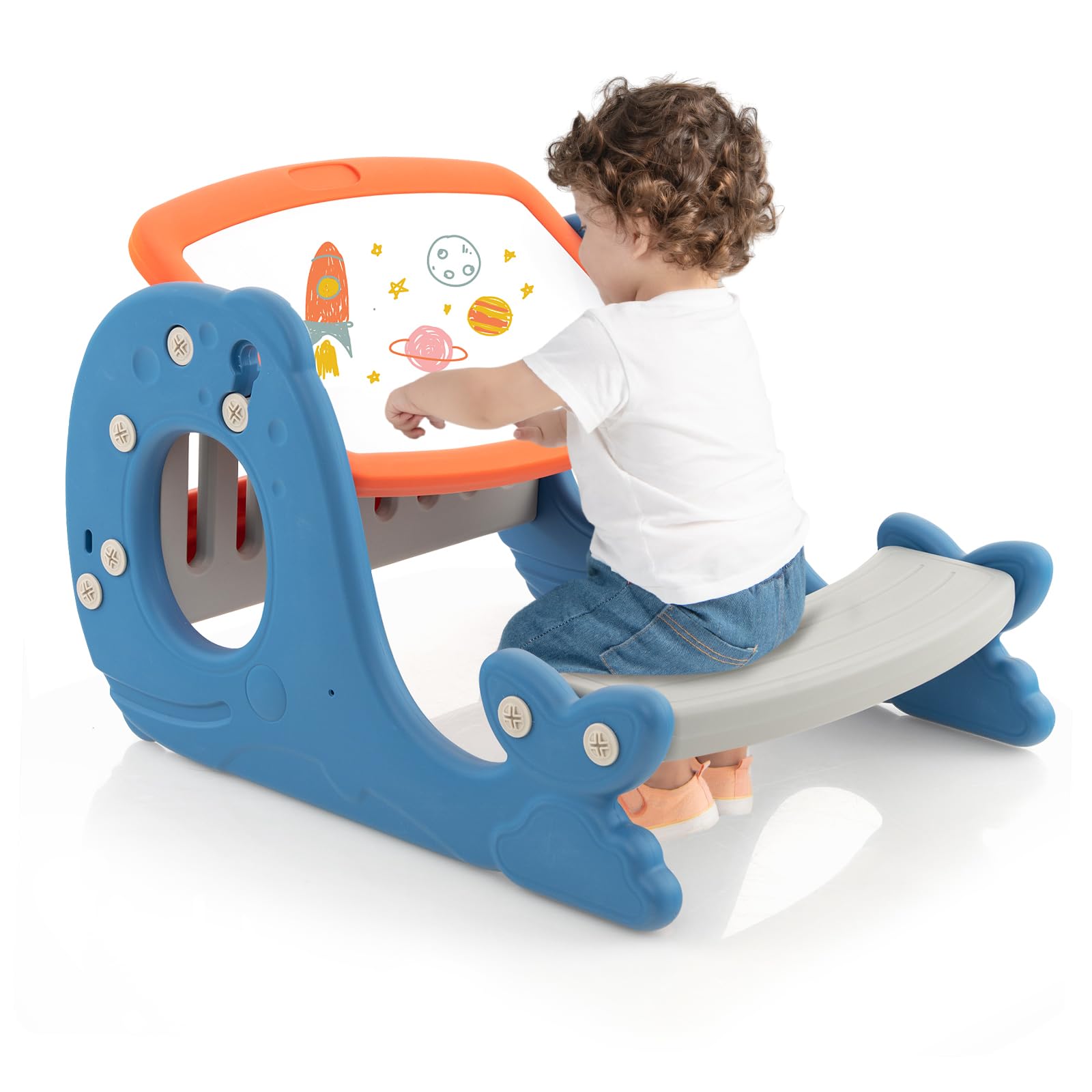 楽天Mr HedgeHogGiantex お絵描きボード 両面使える 大きい 子供用テーブル チェア付き 絵本ラック付き 角度調節可能 イーゼル 大きい 無臭無毒 HDPE製 描画と消去が簡単 ホワイトボード カップホルダー付き 軽量 知育玩具 子供 落書き 学習 練習 入学祝い