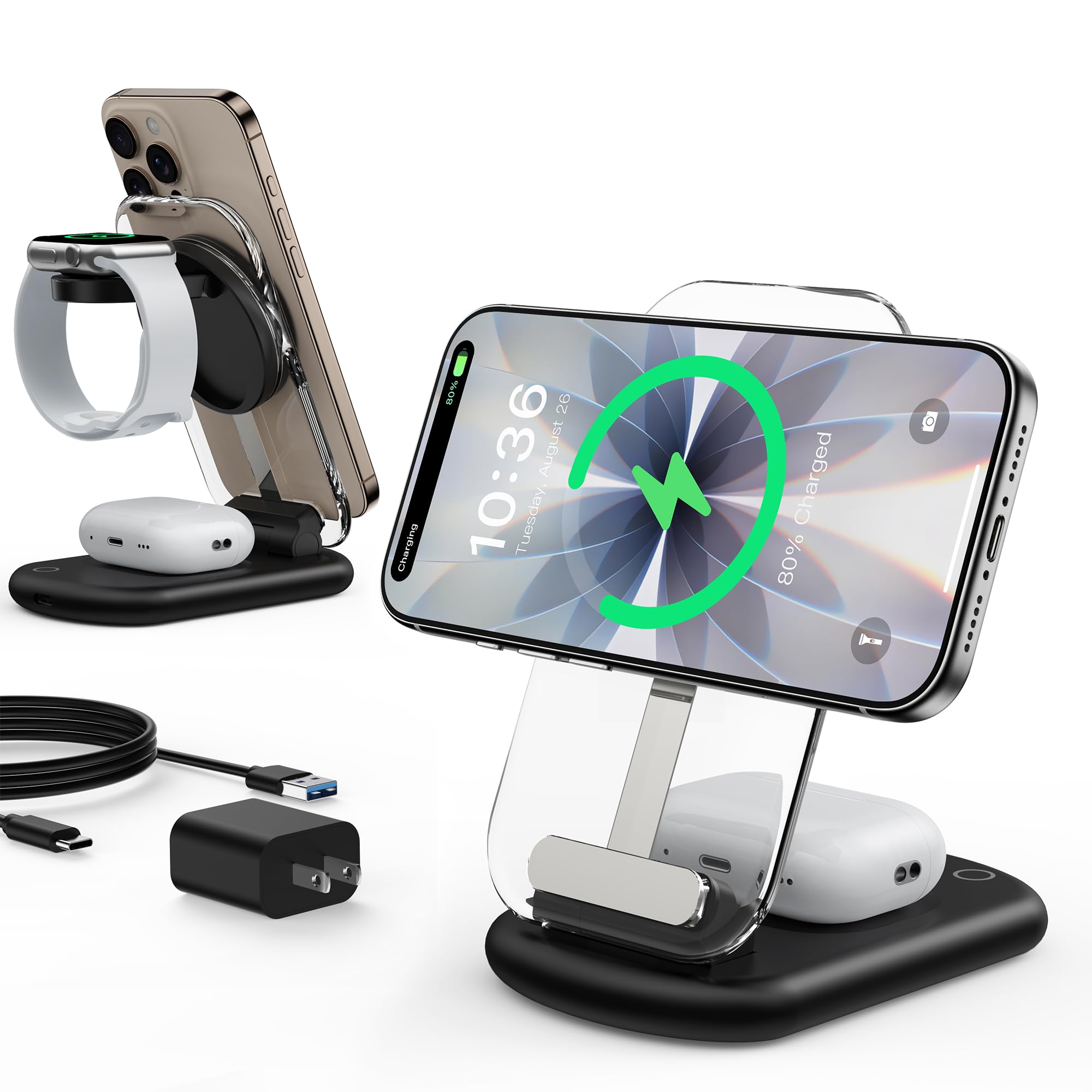 3in1充電器 ワイヤレス充電器 MagSafe充電器 - 折り畳み式 雰囲気ライト付き iPhone/Apple Watch/Airpodsに対応 マグセーフ充電器 3台同時充電 角度調整可能 マルチ充電スタンド マグネット式 旅行用 自宅用 iWatc