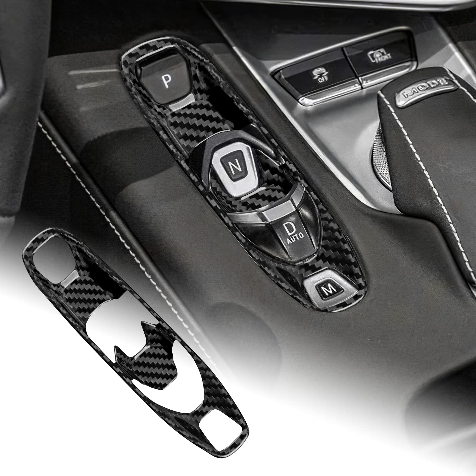 AIRSPEED シボレー コルベット C8 2020 2021 2022専用 アクセサリーパーツ リアルハードカーボンファイバー製 カーギアシフトボタントリムステッカー おしゃれ カスタム ドレスアップ Chevrolet Corvette C8 内装パ