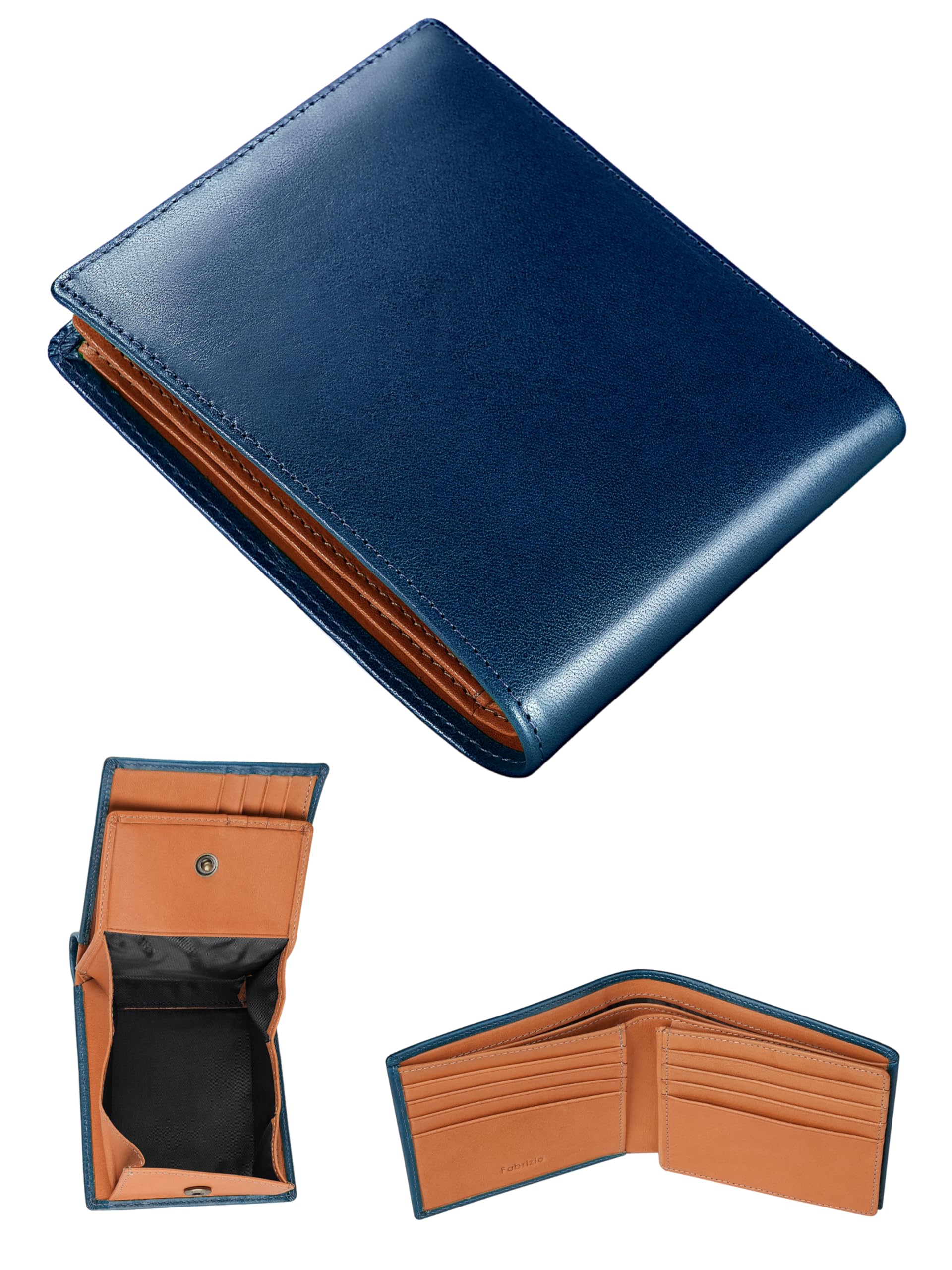 [ファブリツィオ] 財布 メンズ 二つ折り ボックス型 小銭入れ メンズ財布 薄い 柔らかい 使いやすい イタリアン レザー 一流の革職人が作る 大容量 本革 (シャインブルー)