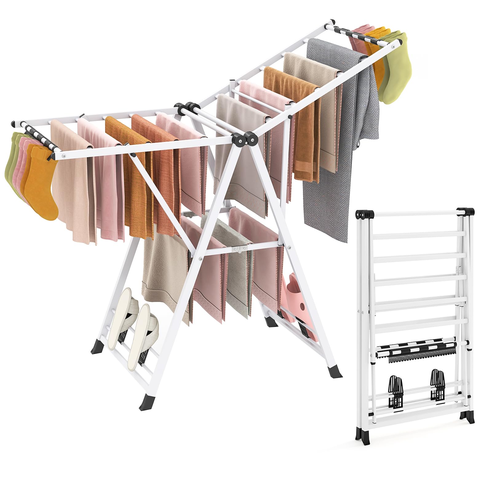 GIANTEX 物干しスタンド 折りたたみ式 組み立て不要 幅141cm 洗濯物干し 室内物干し タオルハンガー タオル掛け 服の乾燥ラック 靴掛けラック ベランダものほし 布団干し 部屋干し 物干し台 物干しラック 平干しも可能 コンパクト 軽量 室内