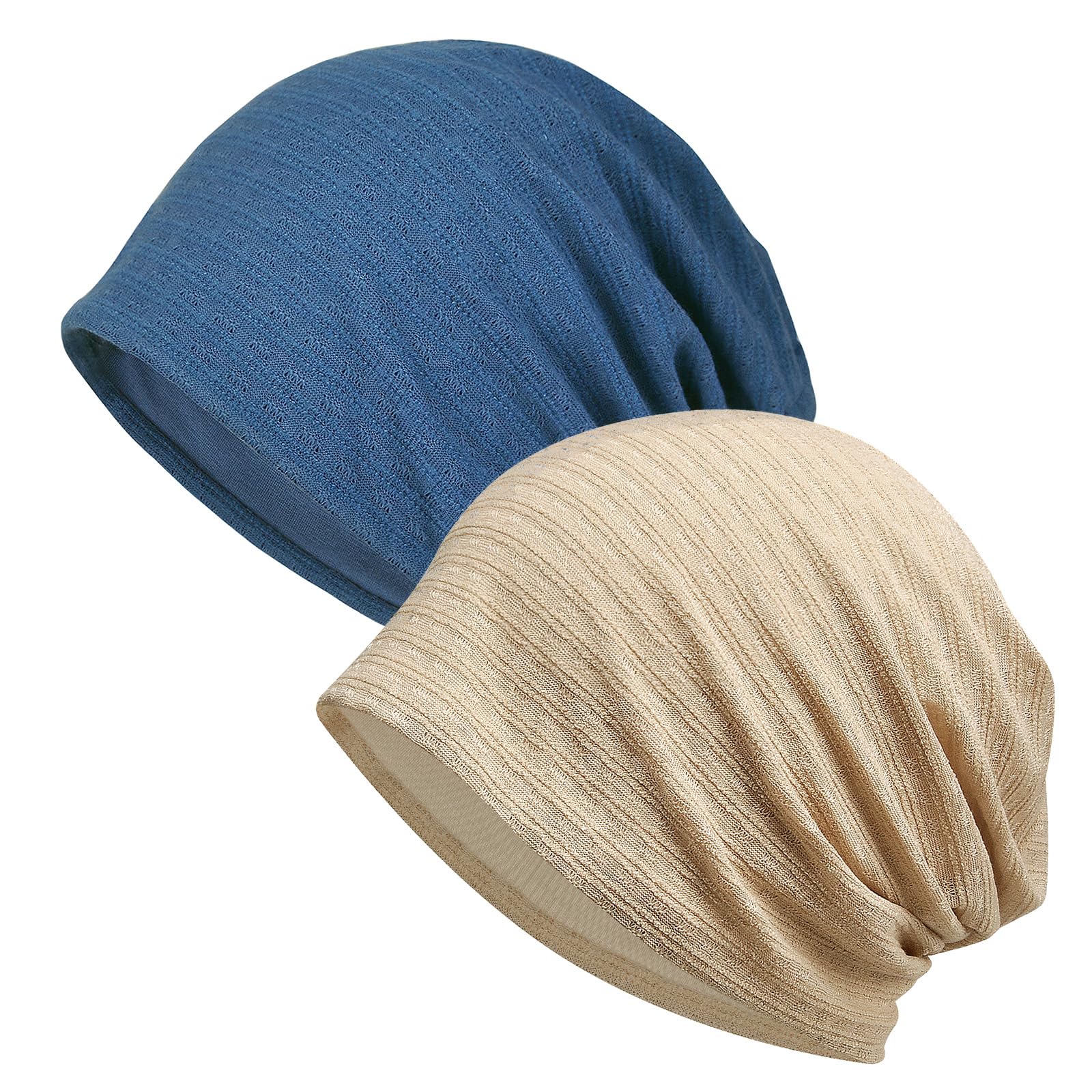 [SIVAN] ニット帽 メンズ レディース 春夏秋用 【-5°ひんやり冷肌触感・軽くてさわやかな素材・締め付け感ゼロ】 【通気・速乾性・吸湿性】 ニット帽子 抗菌防臭 肌に優しい 小顔効果 薄手 大きい 男女兼用 (冷感二重素材, ベージュ+ブルー)