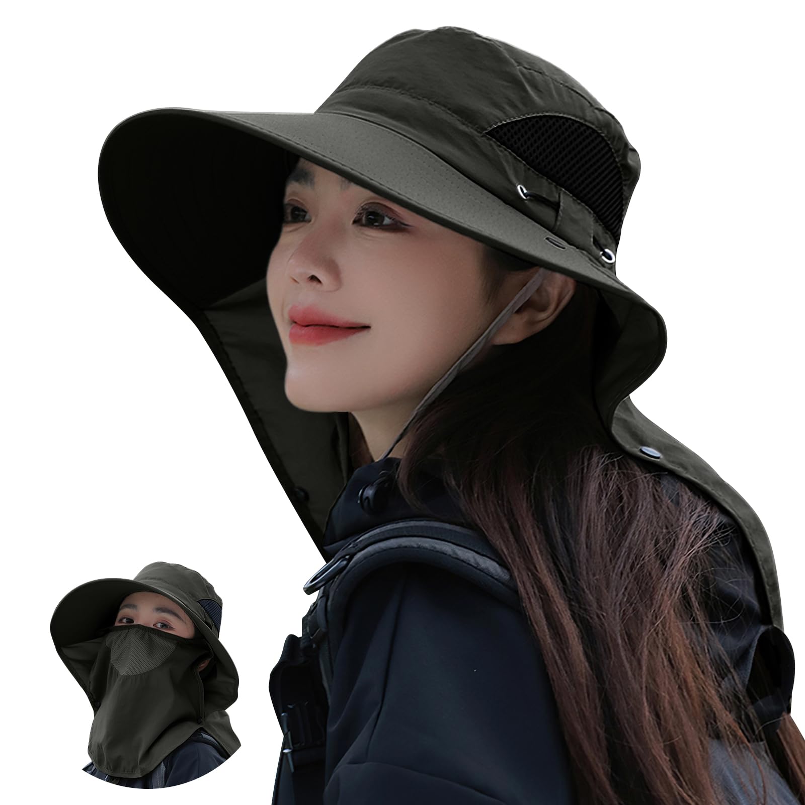 [SIVAN] サファリハット 帽子 レディース 【 幅広の日よけショール付き・360度日焼け止め】 【UPF50+測定済み・メッシュ通気・サイズ調整可】 大きいサイズ あご紐付き 軽薄 防水 防風 防汚機能 折りたたみ シェードハット ハット 日よけ帽子