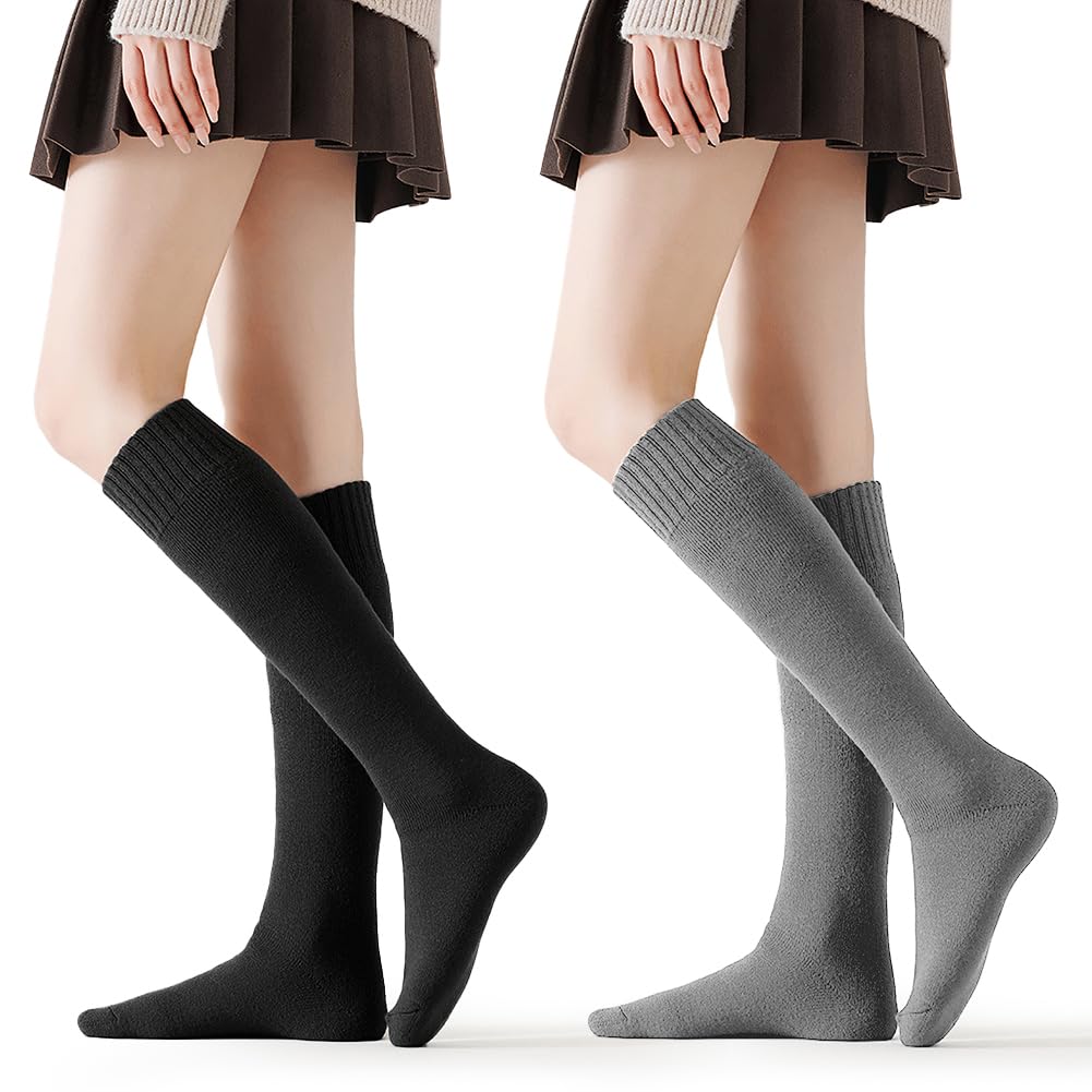 [SIVAN] ハイソックス 靴下 レディース 極暖38℃恒温蓄熱・肉厚裏パイル・ 北海道で履いても暖かい スクールハイソックス 暖かい 抗菌防臭 防寒保温 蒸れず 締め付けない 耐久 仕事用 女子高生 通学通勤 2足組 (#04.ブラック+ライトグレ)
