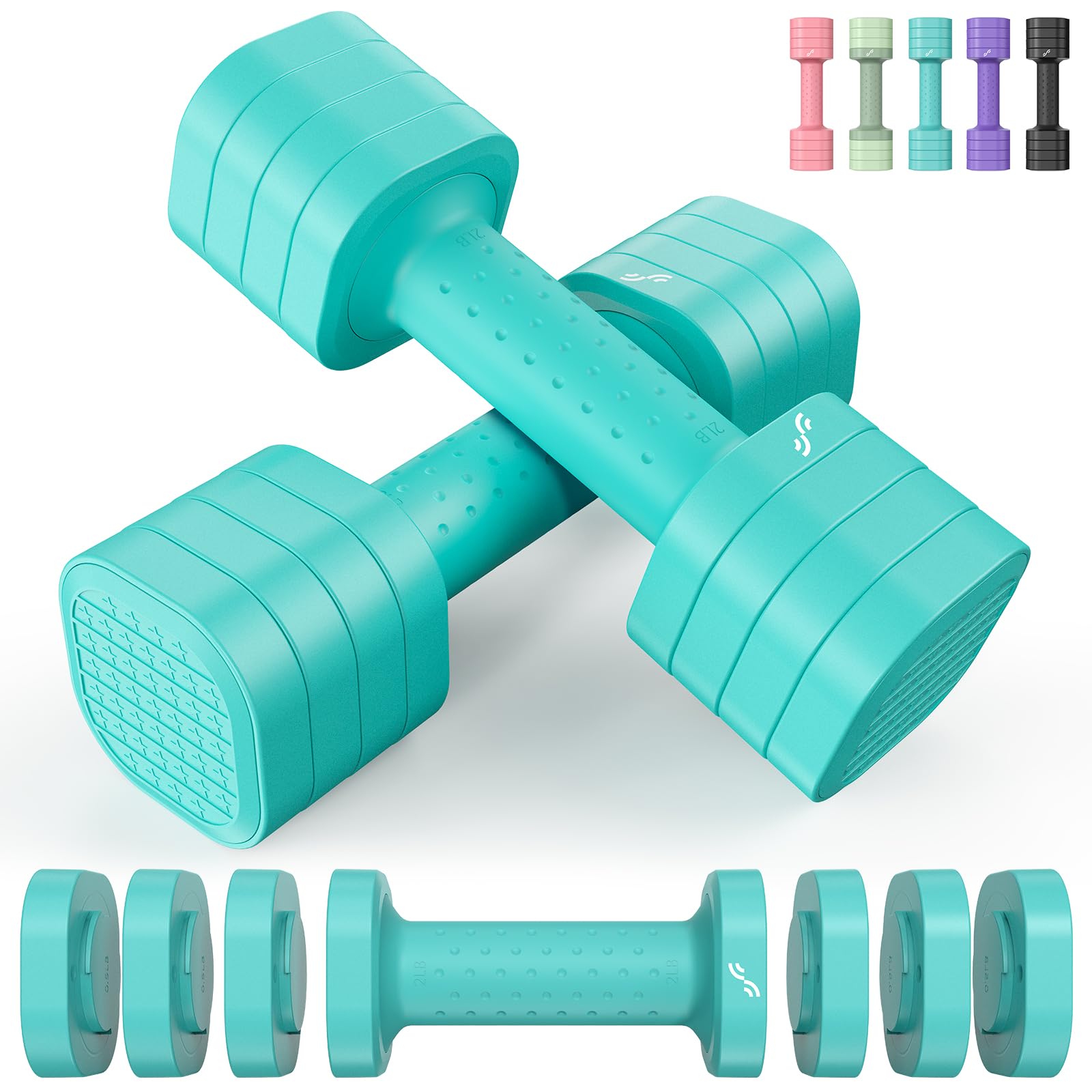 Sportneer ダンベル 可変式 各0.9kg~2.3kg調節可 2個セット 小型 多段階重さ調節 筋トレ器具 ダンベルセット トレーニング ホームジム 筋トレ ジム 自宅 女性向けデザイン 日本語取り扱い説明書付き 水色