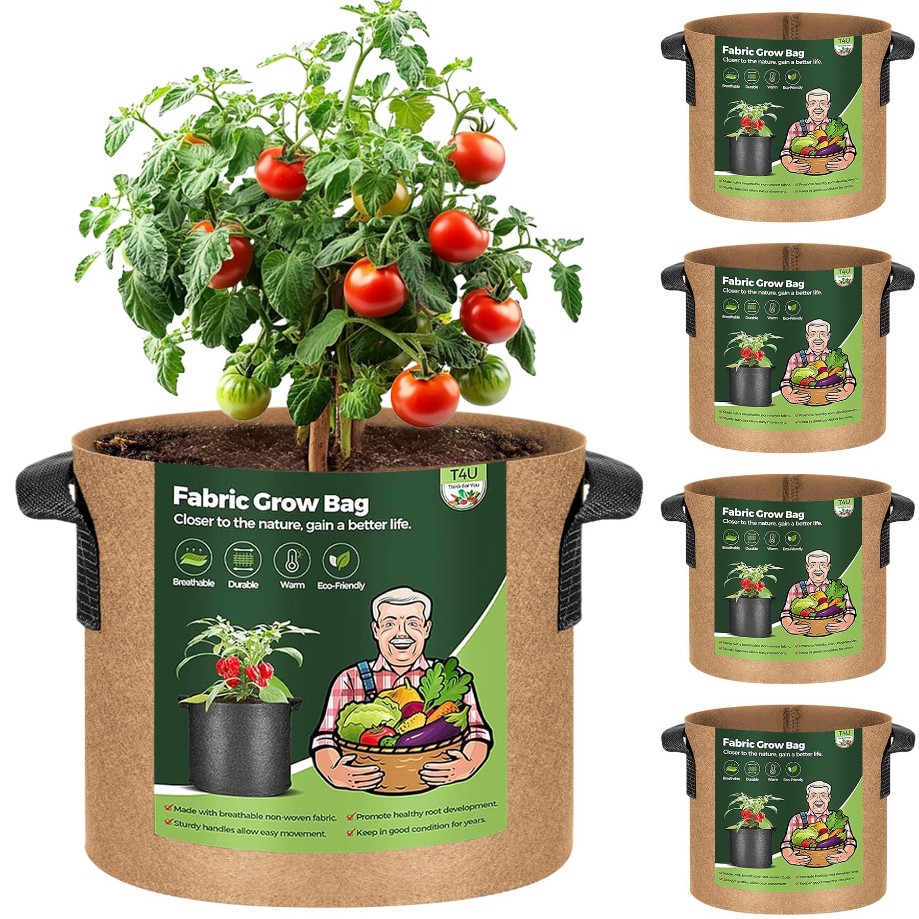 T4U 不織布プランター 布鉢 持ち手付き 7ガロン 5個セット 不織布ポット フェルト 栽培袋 厚手 植え袋 ..