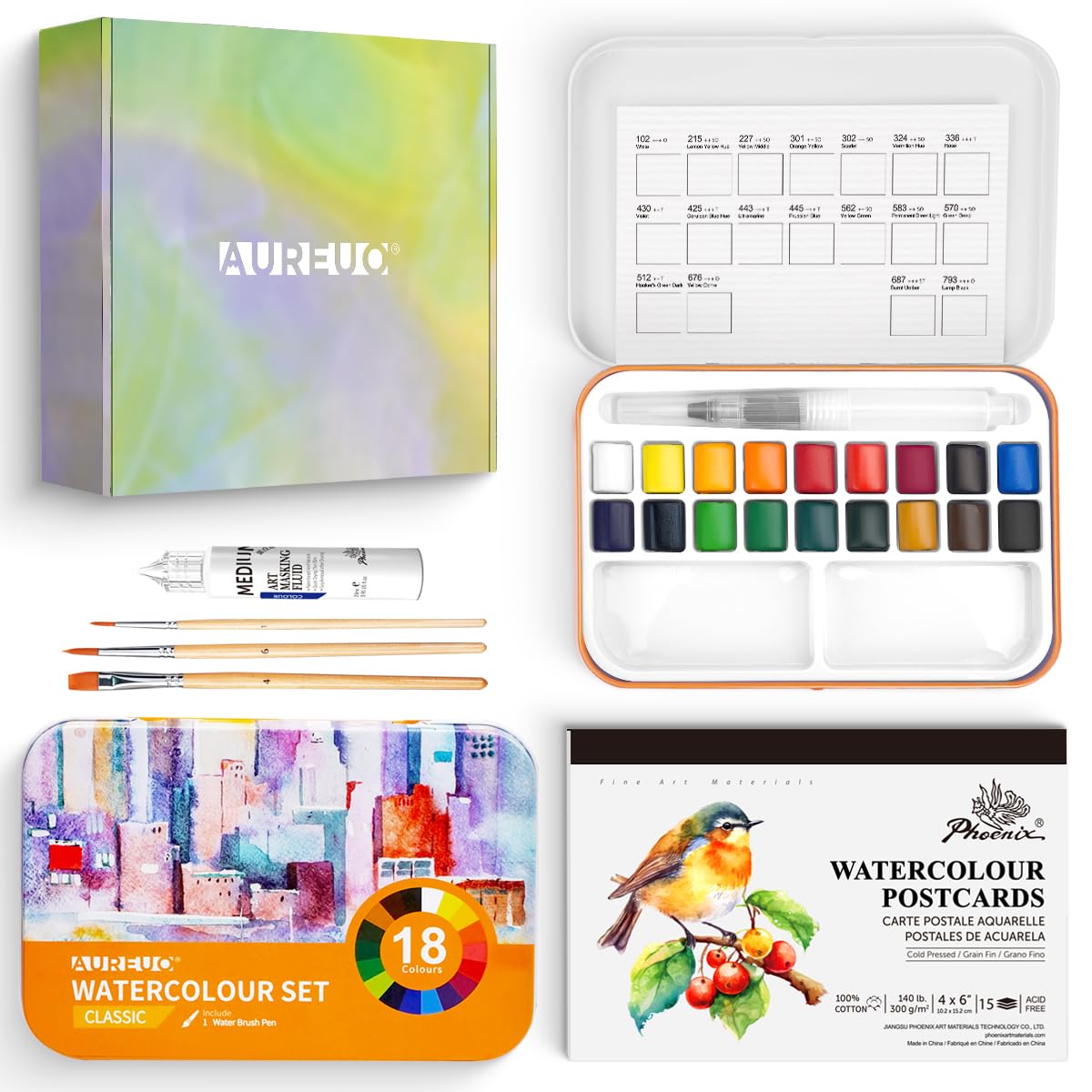 AUREUO 旅行用水彩絵の具セット 通用色 18色 固形顔料 - 小箱内パレット付き/ブラシ、水彩ポストカード、マスキングペン、トートバッグ付属 - 絵画愛好...