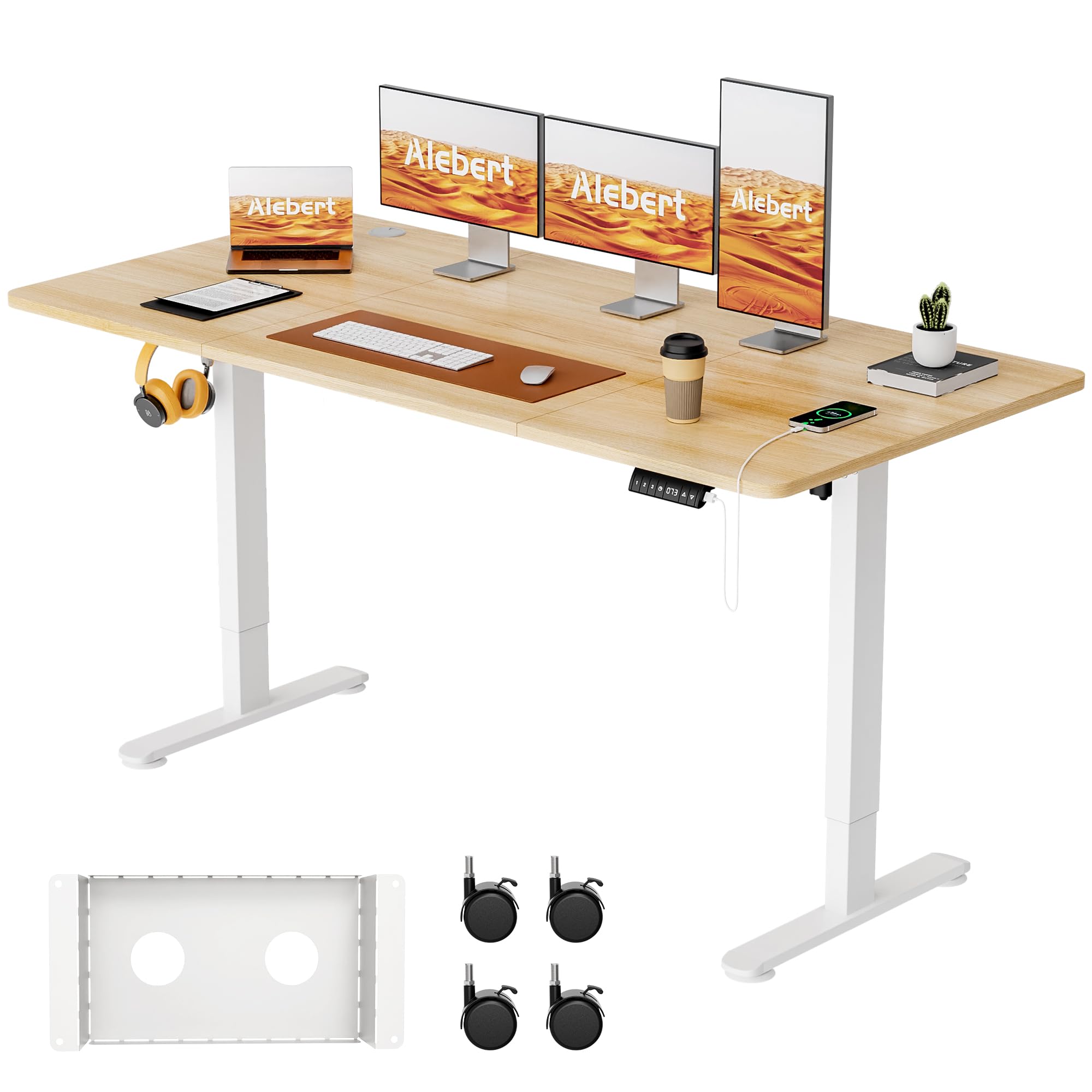 Alebert 電動式 昇降デスク 昇降式デスク 幅160*奥行80cm スタンディングデスク 入り替え用キャスター付き 収納ボックス付き USB充電可能 高さメモリー機能 障害検知 静音 ゲーミングデスク パソコンデスク 昇降式テーブル オフィスワークテ