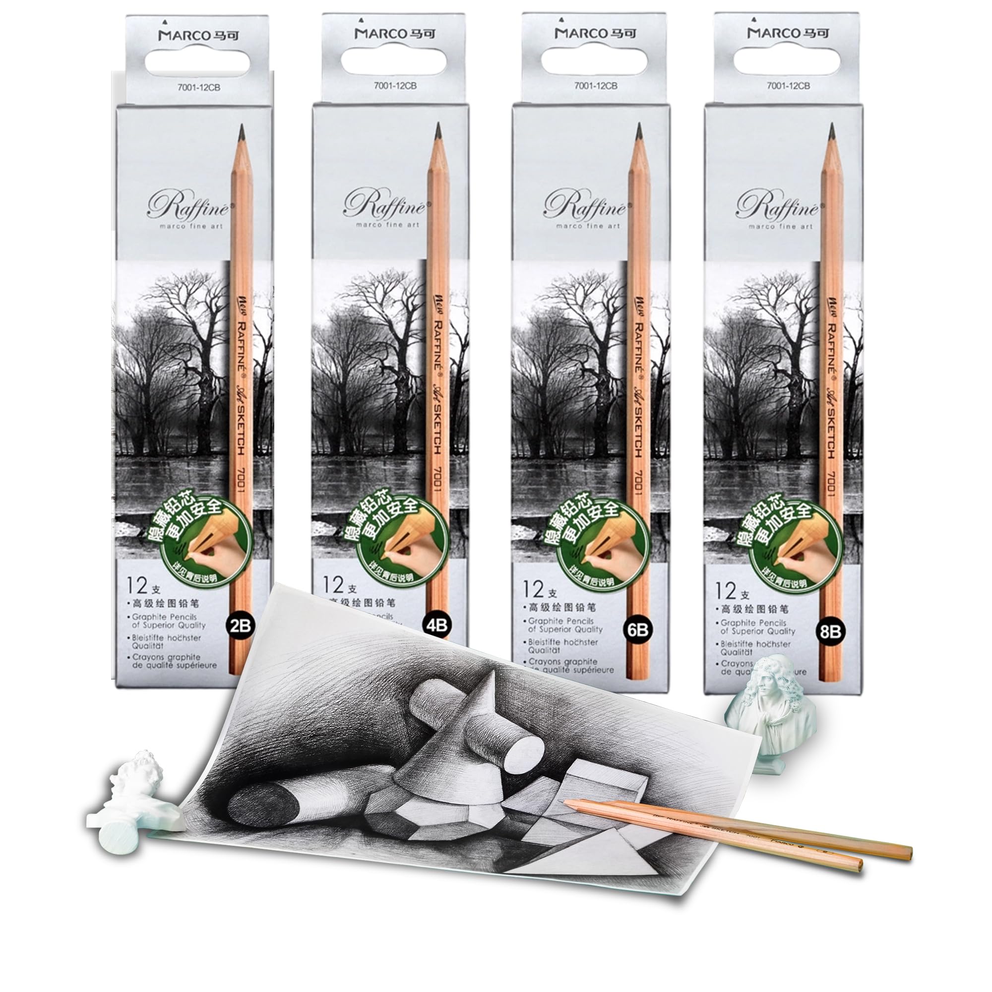 Marco 7001 木製鉛筆 デッサン用エンピツ プロフェッショナル スケッチ用木製鉛筆 六角軸 (7001-2B、4B、6B、8B, 48本(4箱))