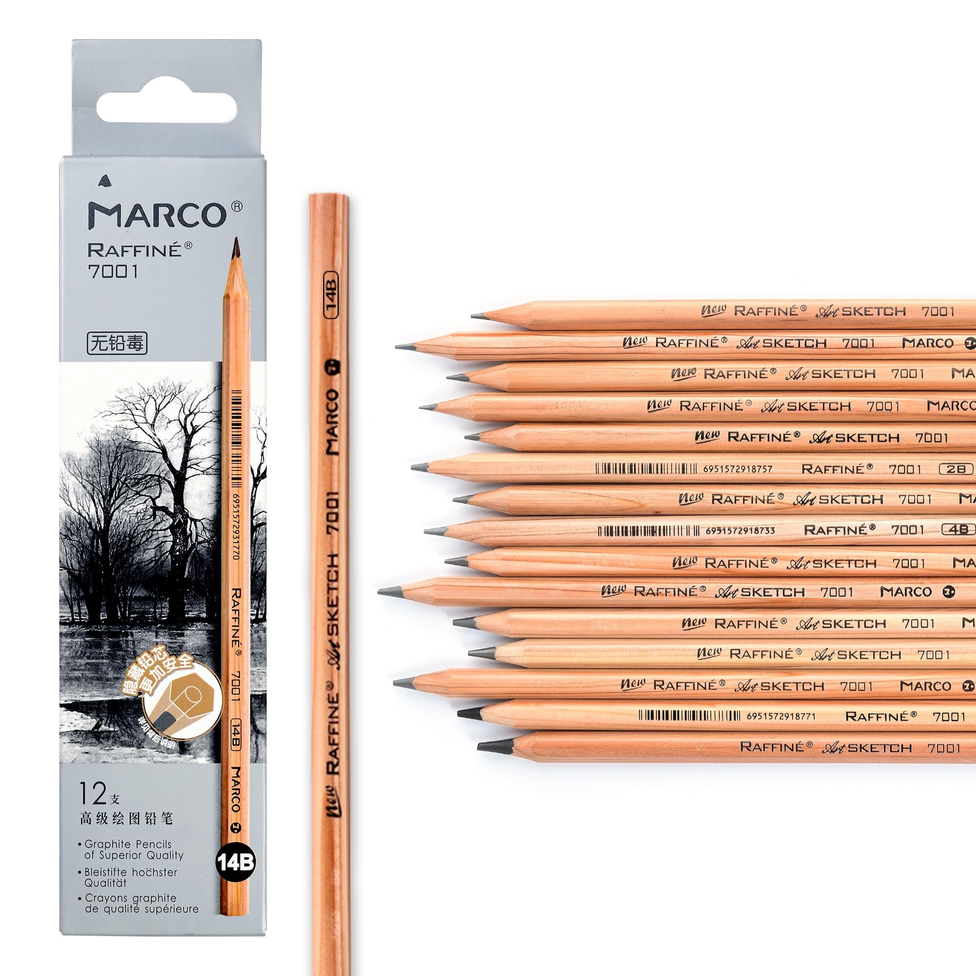 Marco 7001 木製鉛筆 デッサン用エンピツ プロフェッショナル スケッチ用木製鉛筆 六角軸 (7001-14B, 12)