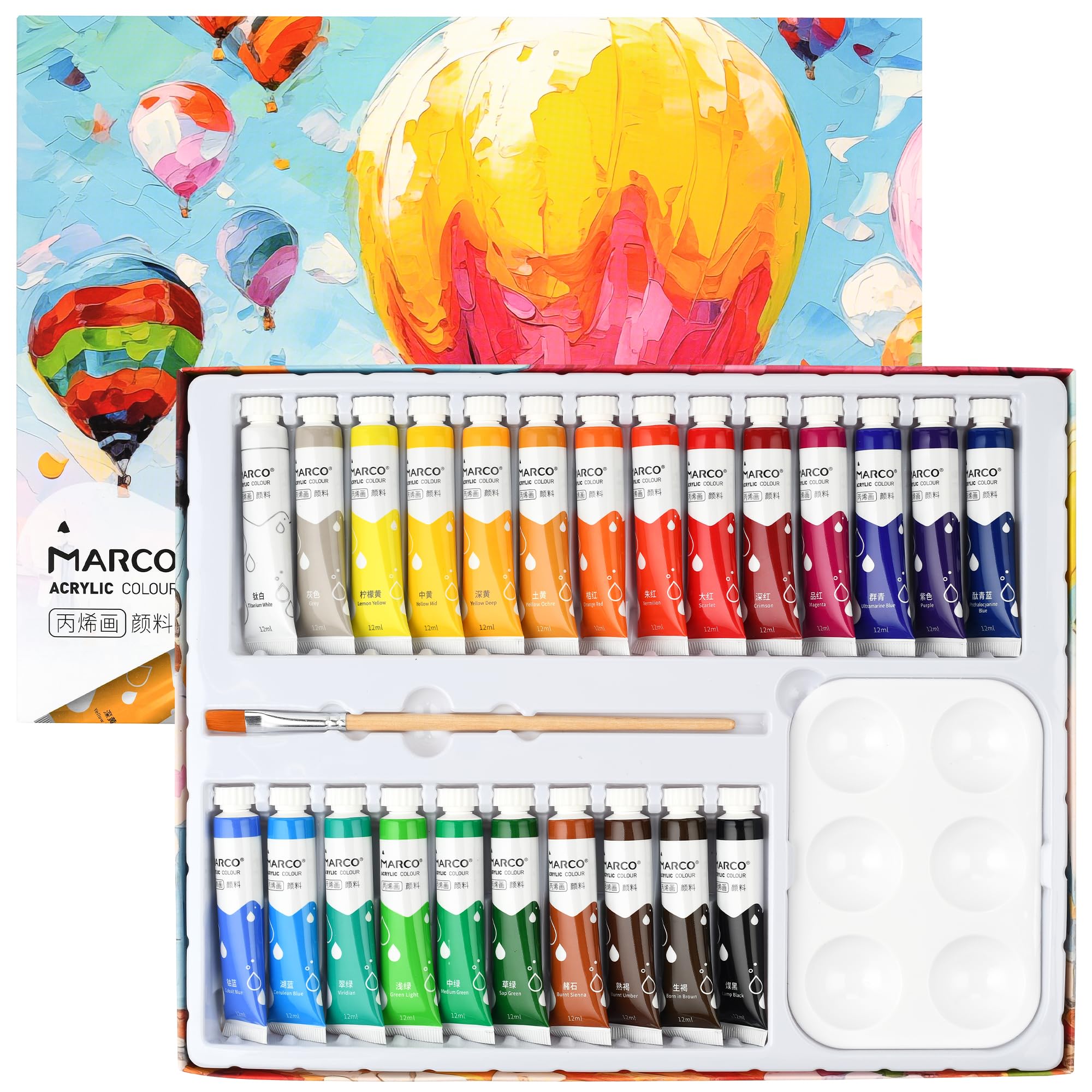 Marco アクリル絵の具 24色 ブラシパレット付き アクリルガッシュ 速乾 防水 絵の具セット 布/木/石/陶器対応 イラスト クラフト 手作り 子供用 小...
